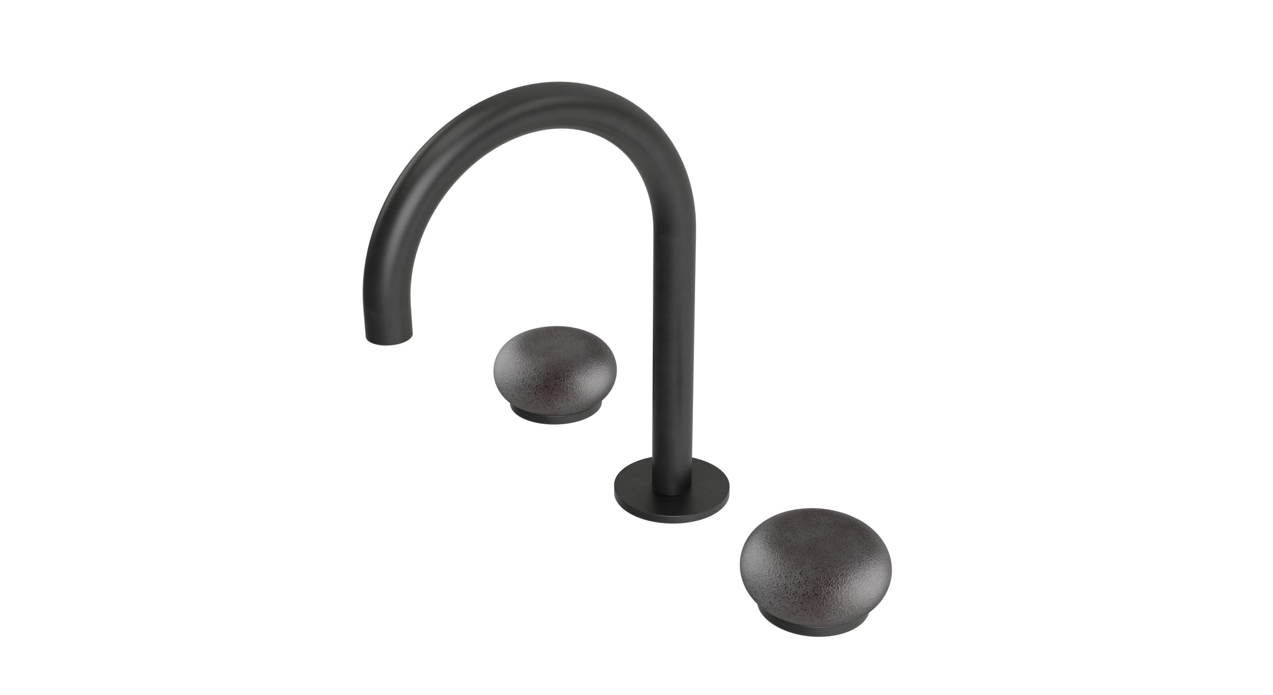 Foundry Two Handle Deck Mount Gooseneck Lavatory Faucet with Pebble Ceramic Knob Handles in Oil Rubbed Bronze