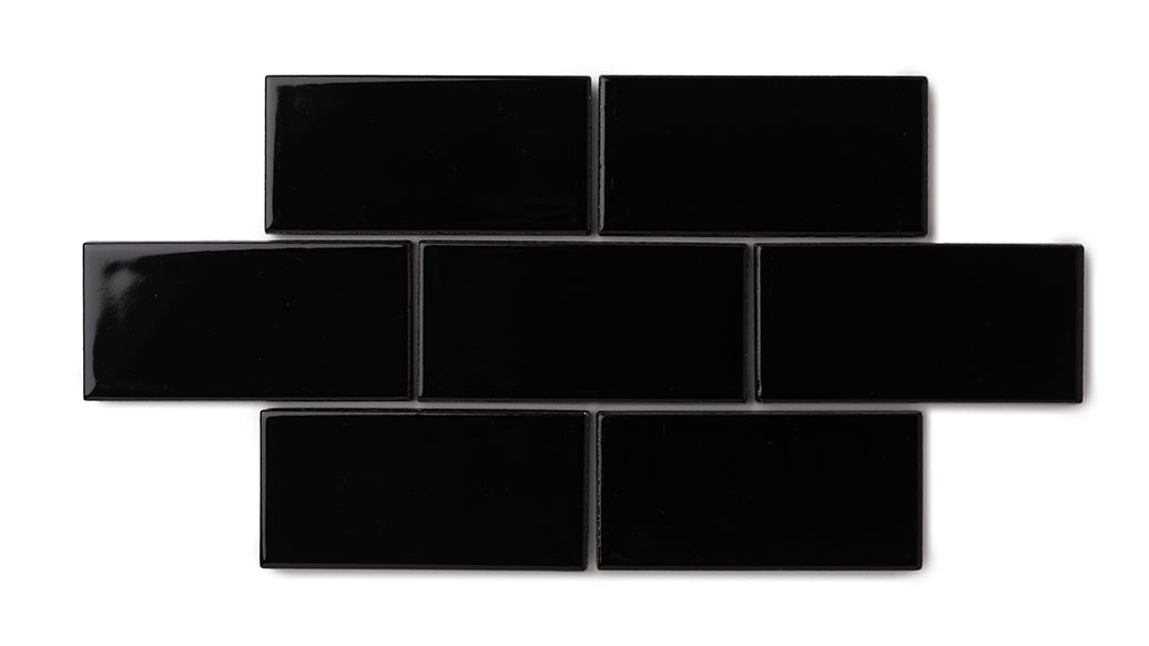 2x4 Straight Set Sheeted Natural Press Ceramic Mosaic Tile in Bone Black Gloss