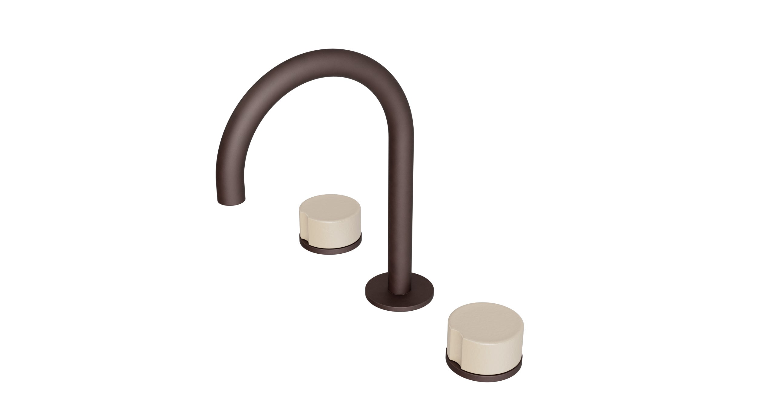 Foundry Two Handle Deck Mount Gooseneck Lavatory Faucet with Groove Ceramic Knob Handles in Architectural Copper