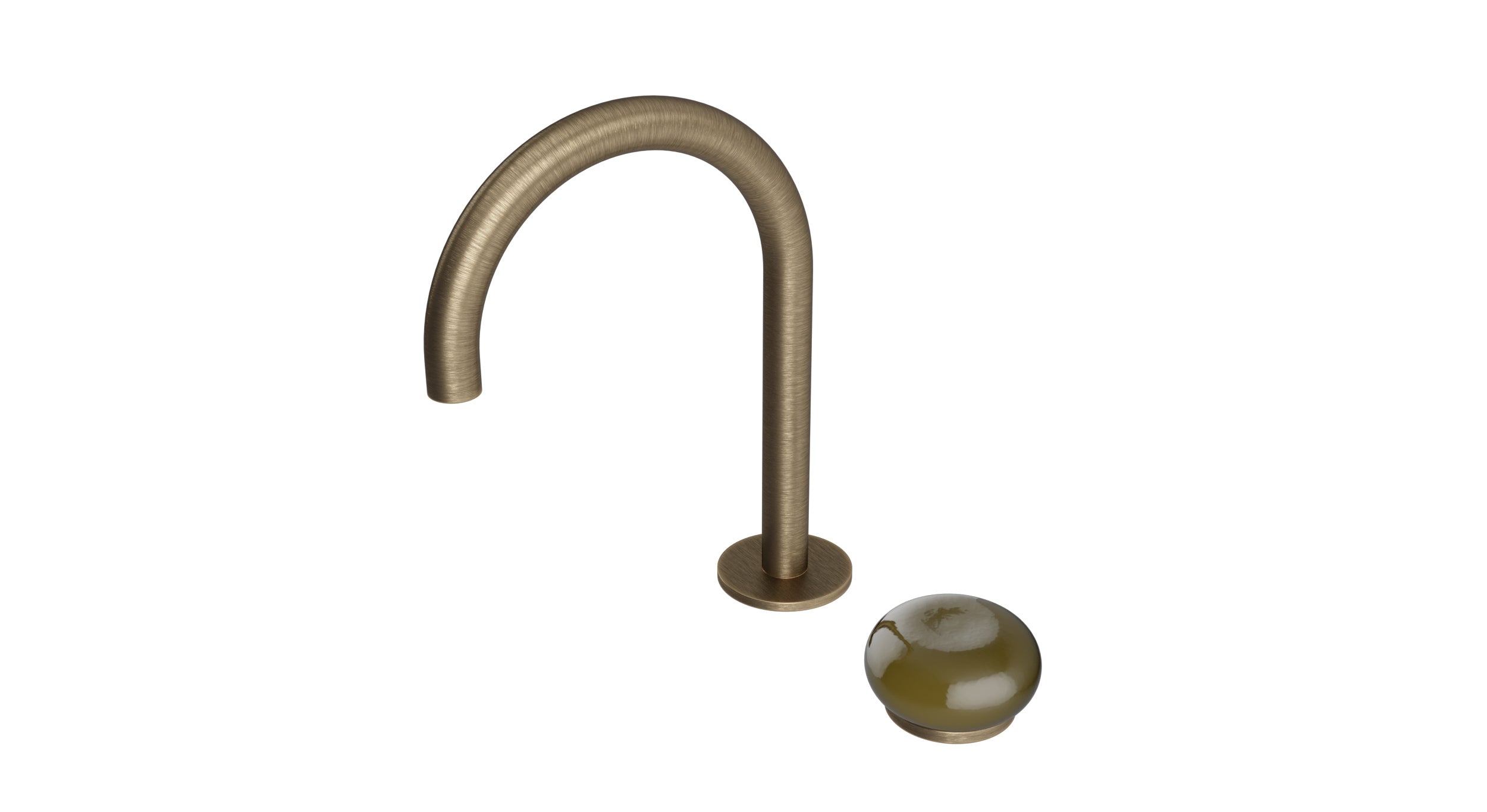 Foundry One Handle Deck Mount Gooseneck Lavatory Faucet with Pebble Ceramic Knob Handle in Antique Brass