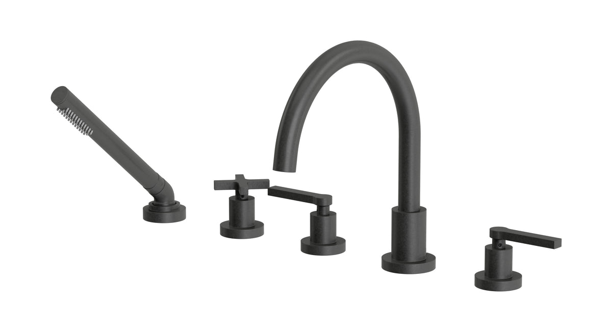 Flatiron Three Handle Deck Mount Gooseneck Bath Trim with Hand Shower and Linear Cross/Linear Lever Handles in Blackened Nickel