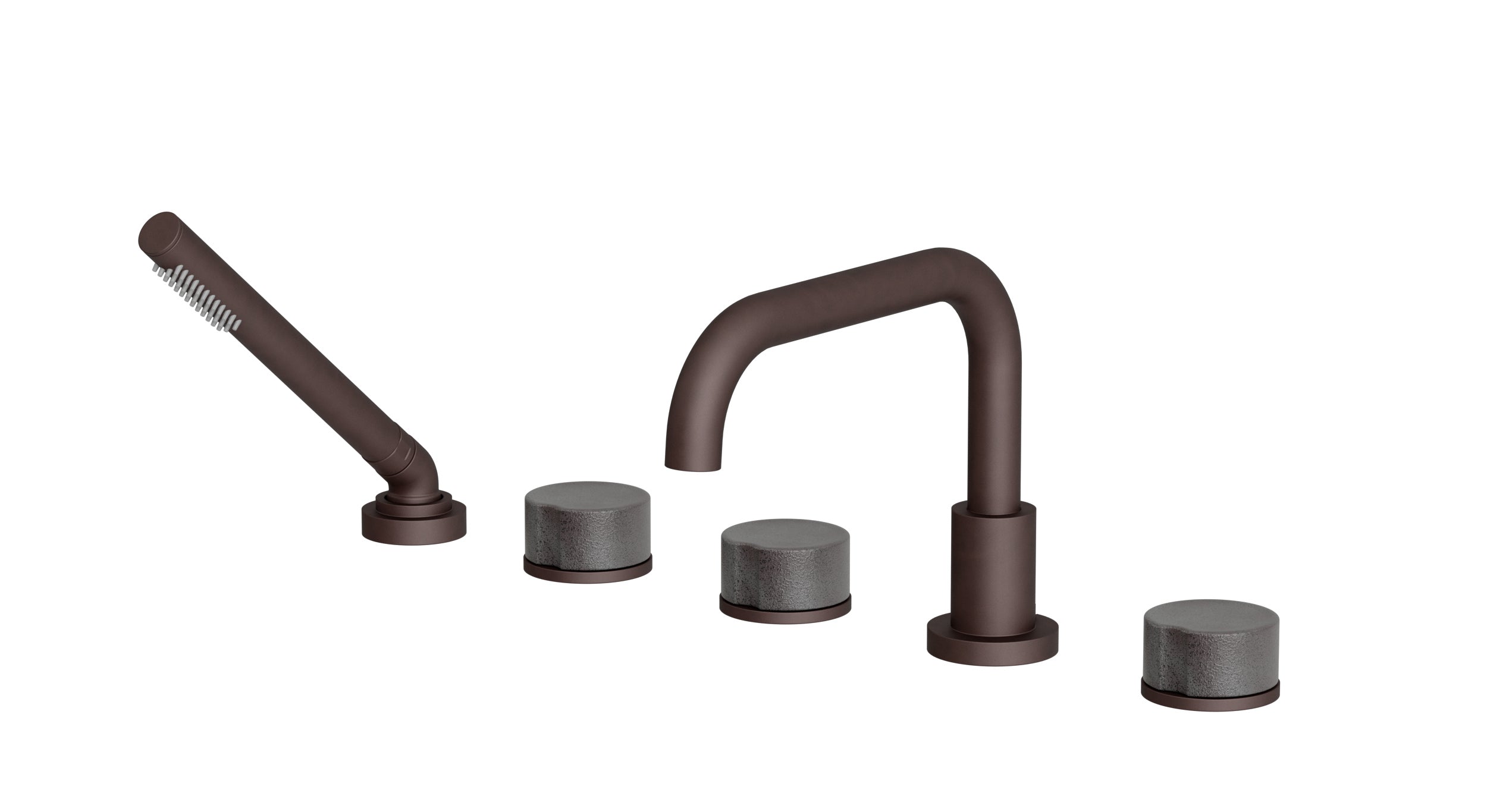 Foundry Three Handle Deck Mount Squaretop Bath Trim with Hand Shower and Groove Ceramic Knob Handles in Architectural Copper