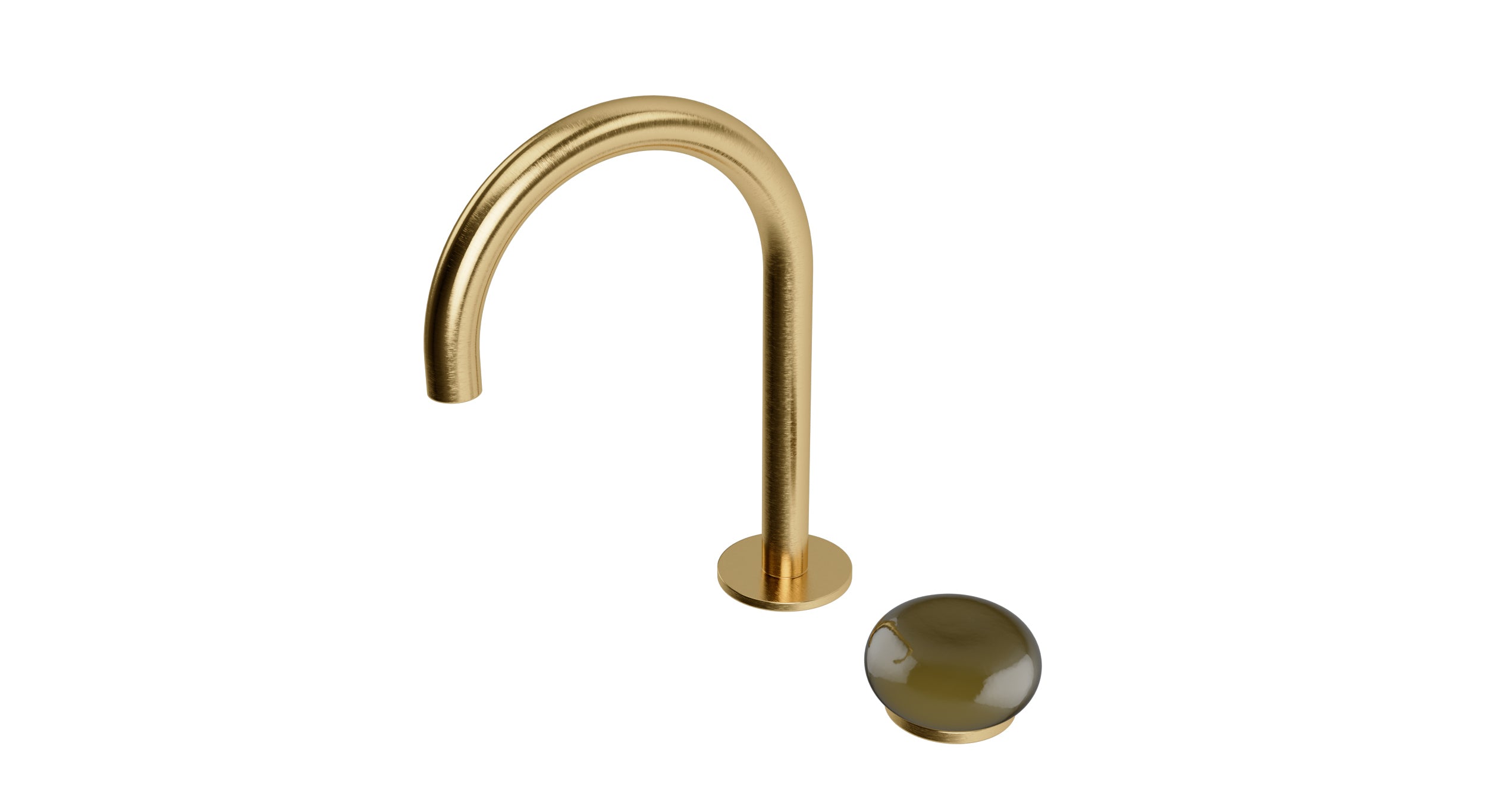 Foundry One Handle Deck Mount Gooseneck Lavatory Faucet with Pebble Ceramic Knob Handle in Satin Brass