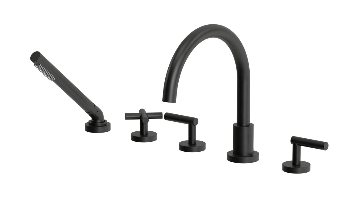Contour Three Handle Deck Mount Gooseneck Bath Trim with Hand Shower and Soft Cross/Soft Lever Handles in Oil Rubbed Bronze