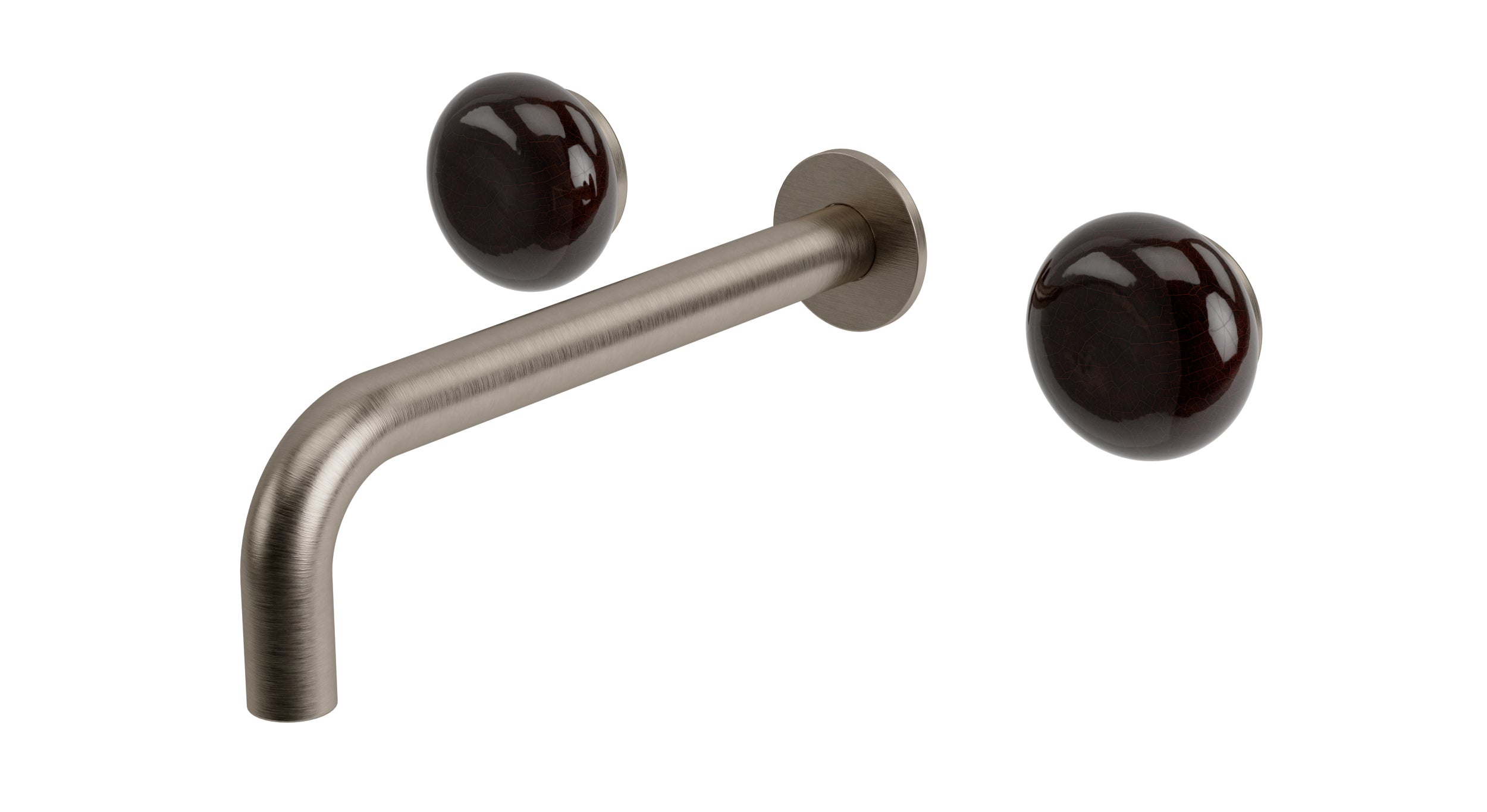 Foundry Two Handle Wall Mount 7.5" Lavatory Faucet with Pebble Ceramic Knob Handles in Antique Nickel