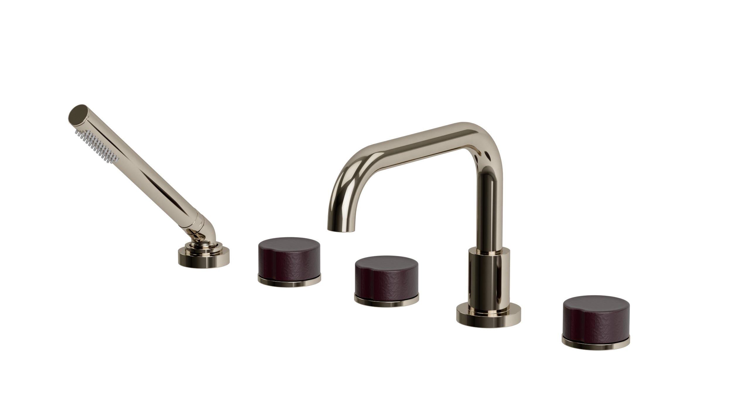 Foundry Three Handle Deck Mount Squaretop Bath Trim with Hand Shower and Groove Ceramic Knob Handles in Polished Nickel
