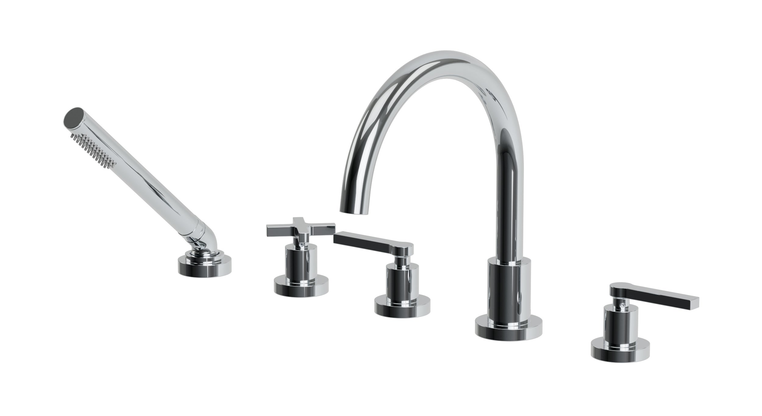 Flatiron Three Handle Deck Mount Gooseneck Bath Trim with Hand Shower and Linear Cross/Linear Lever Handles
