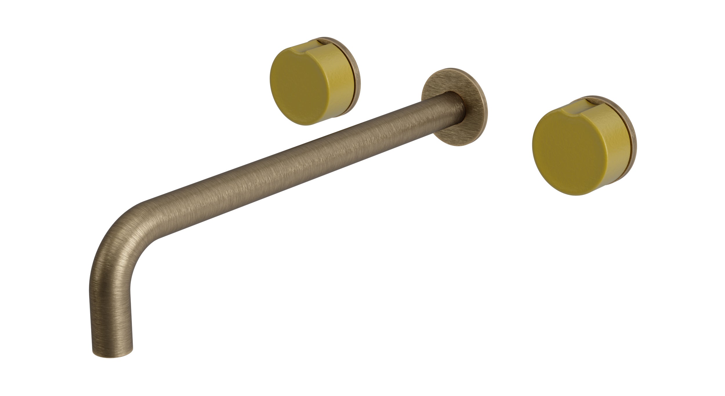 Foundry Two Handle Wall Mount 12" Lavatory Faucet with Groove Ceramic Knob Handles in Antique Brass