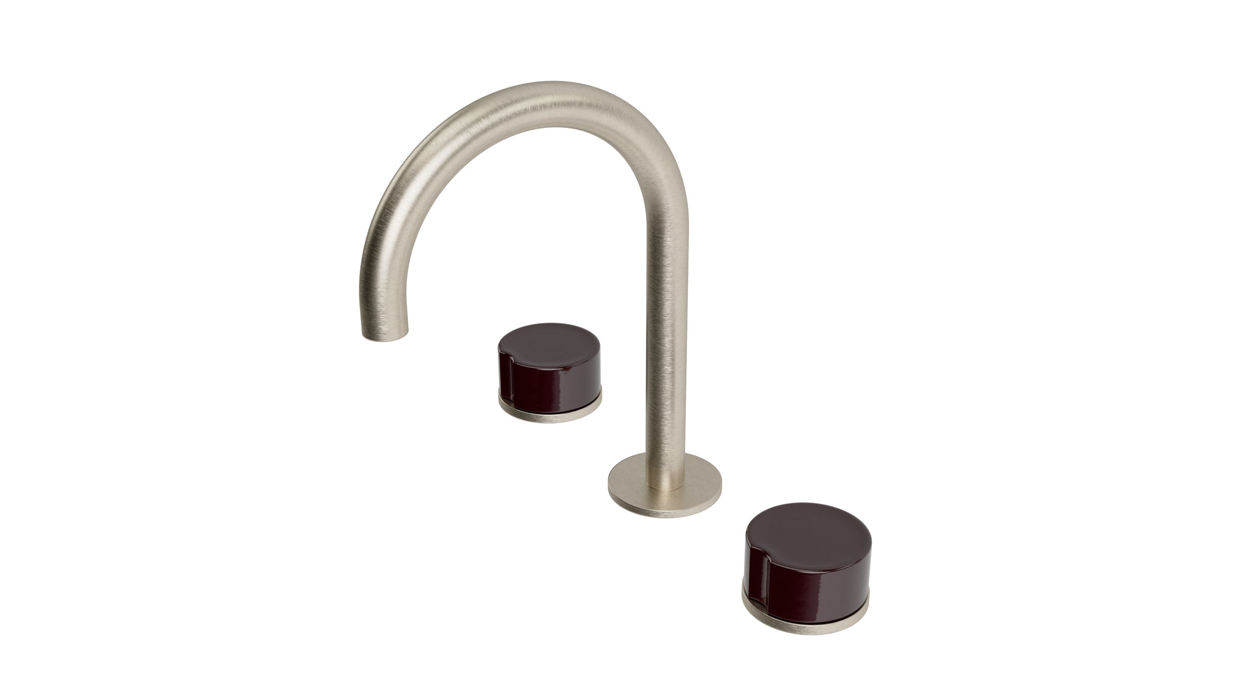 Foundry Two Handle Deck Mount Gooseneck Lavatory Faucet with Groove Ceramic Knob Handles in Satin Nickel