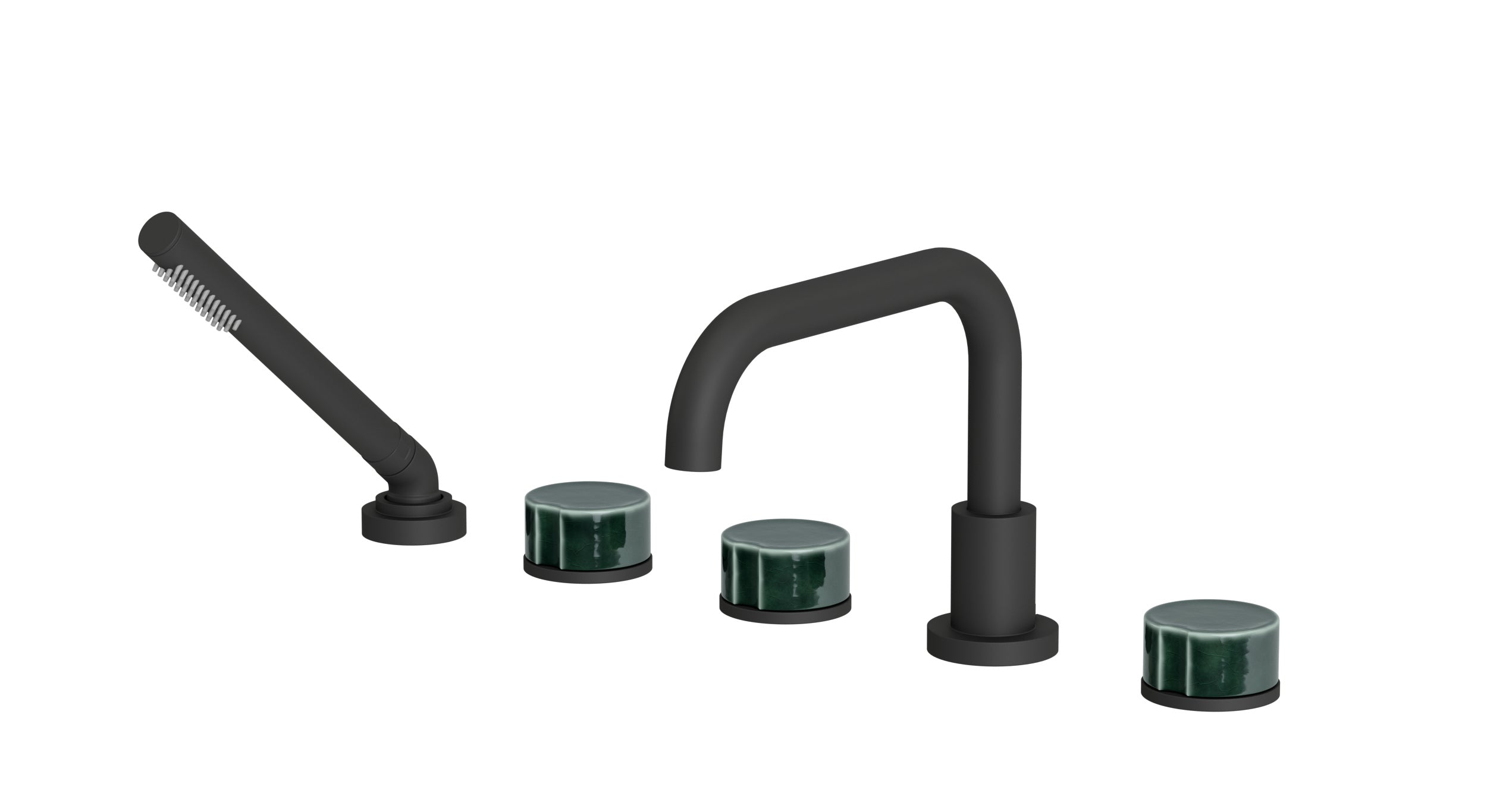 Foundry Three Handle Deck Mount Squaretop Bath Trim with Hand Shower and Groove Ceramic Knob Handles in Matte Black