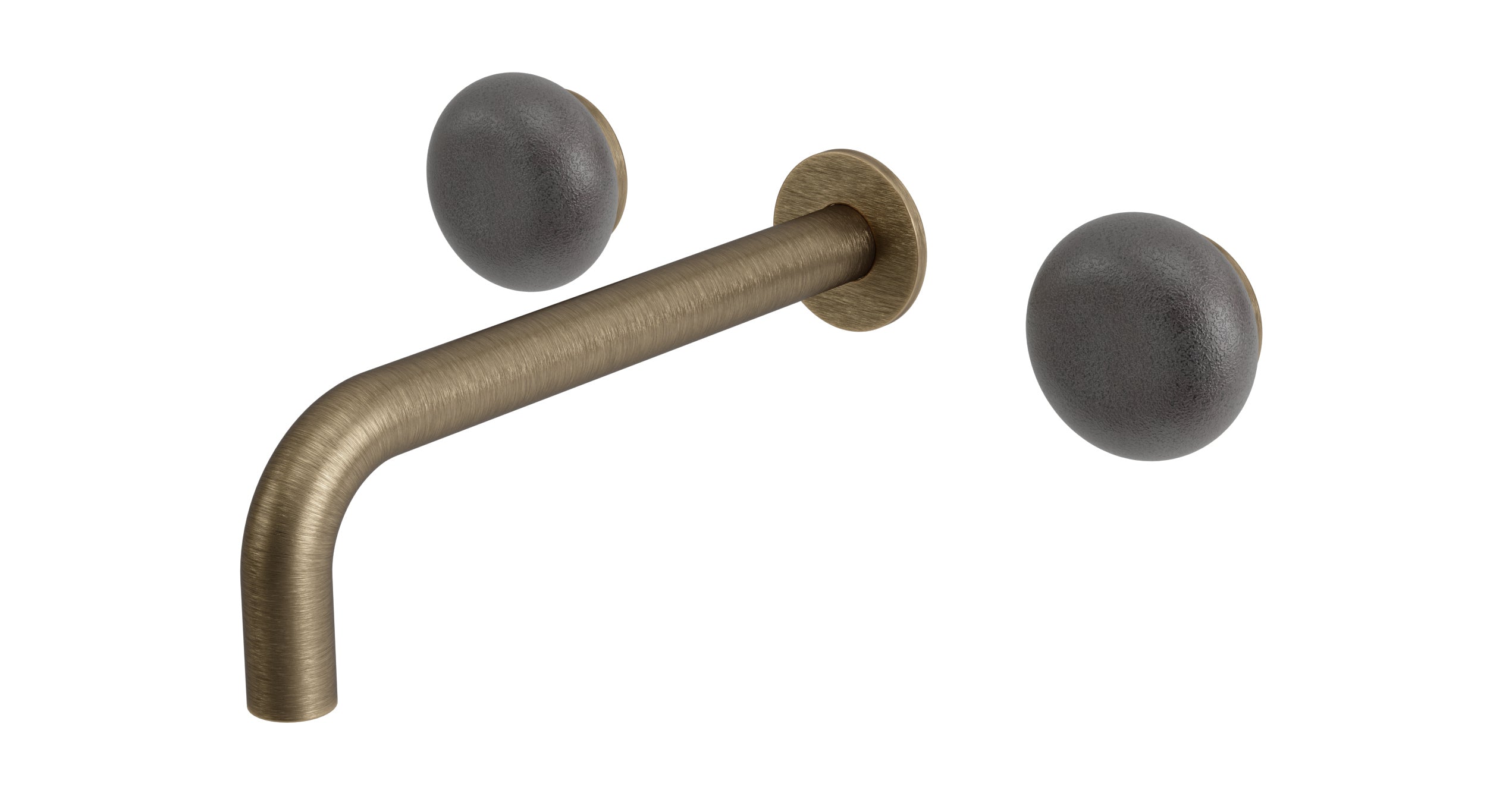 Foundry Two Handle Wall Mount 7.5" Lavatory Faucet with Pebble Ceramic Knob Handles in Antique Brass