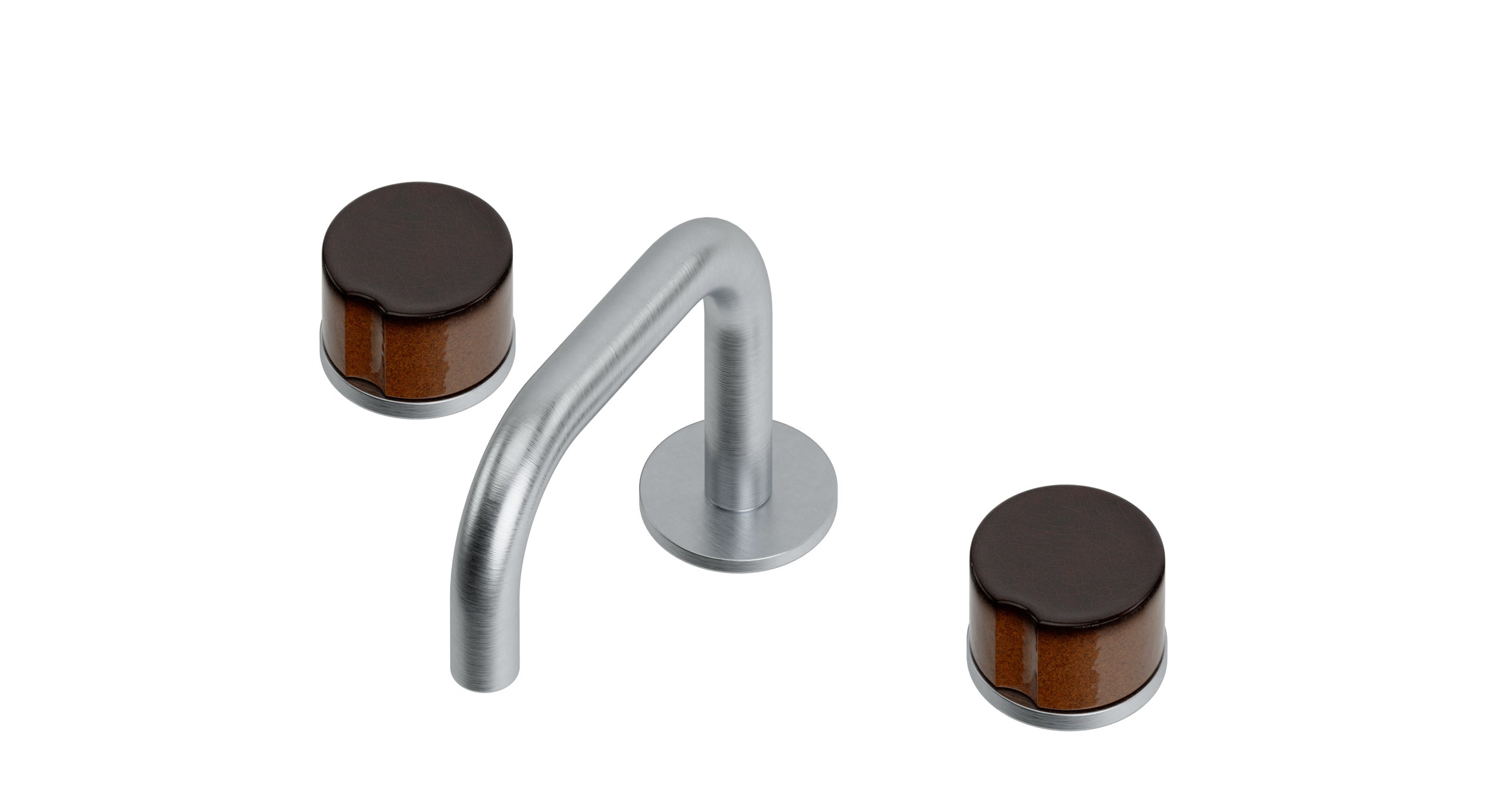Foundry Two Handle Deck Mount Squaretop Lavatory Faucet with Groove Ceramic Knob Handles in Satin Chrome
