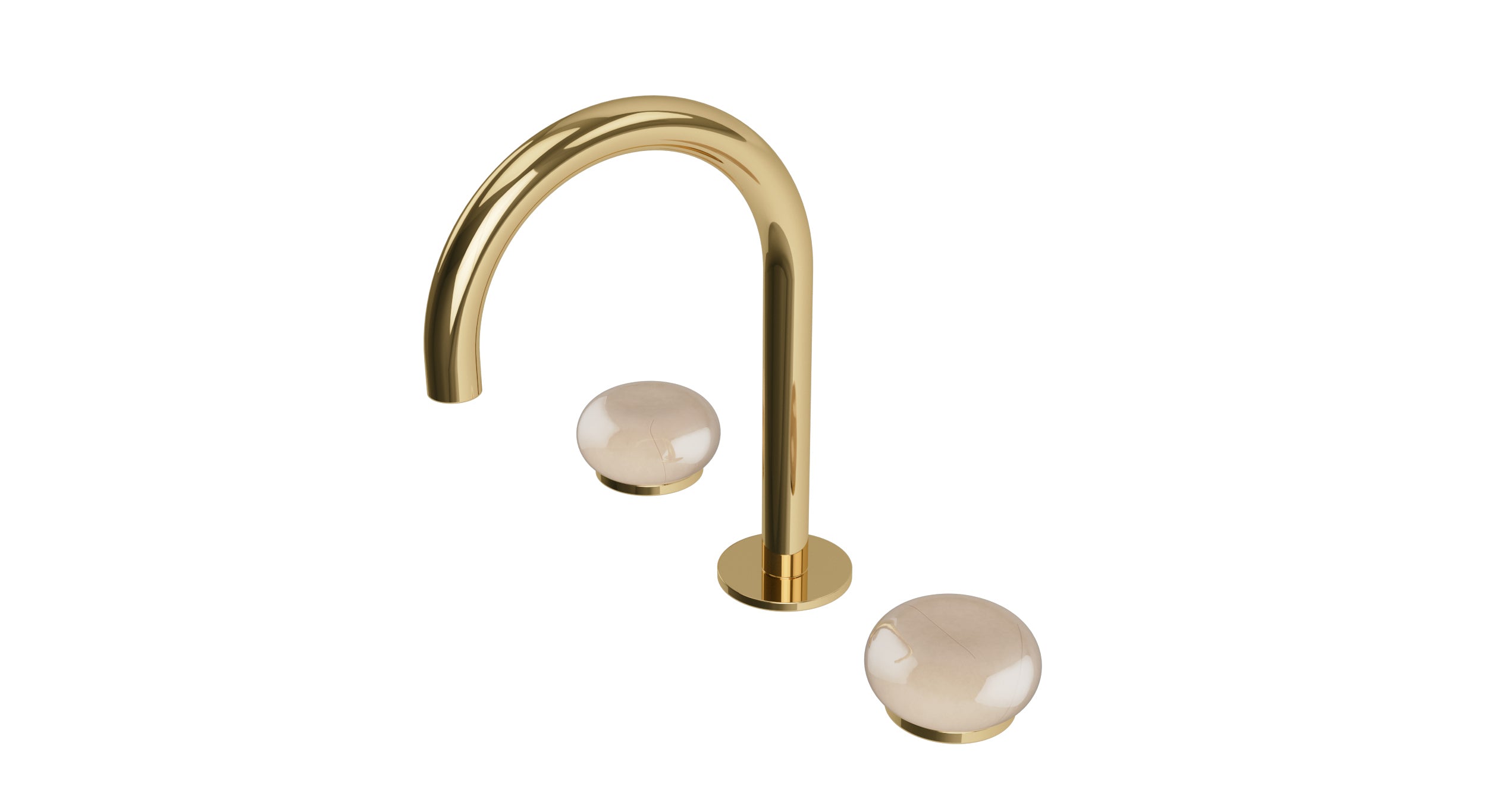 Foundry Two Handle Deck Mount Gooseneck Lavatory Faucet with Pebble Ceramic Knob Handles in Polished Brass