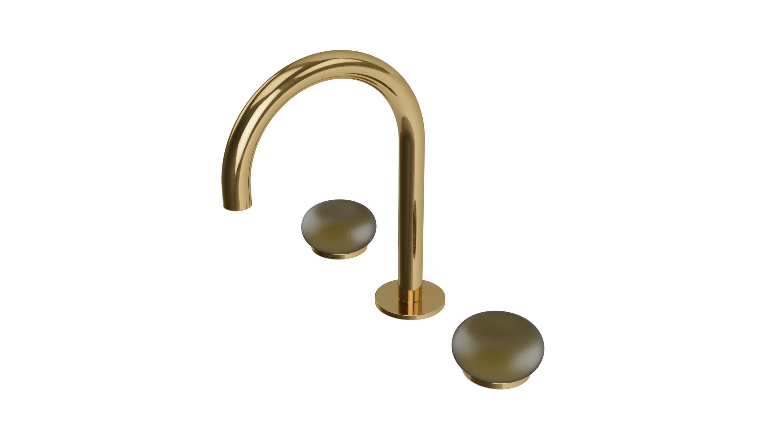 Foundry Two Handle Deck Mount Gooseneck Lavatory Faucet with Pebble Ceramic Knob Handles in Uncoated Polished Brass