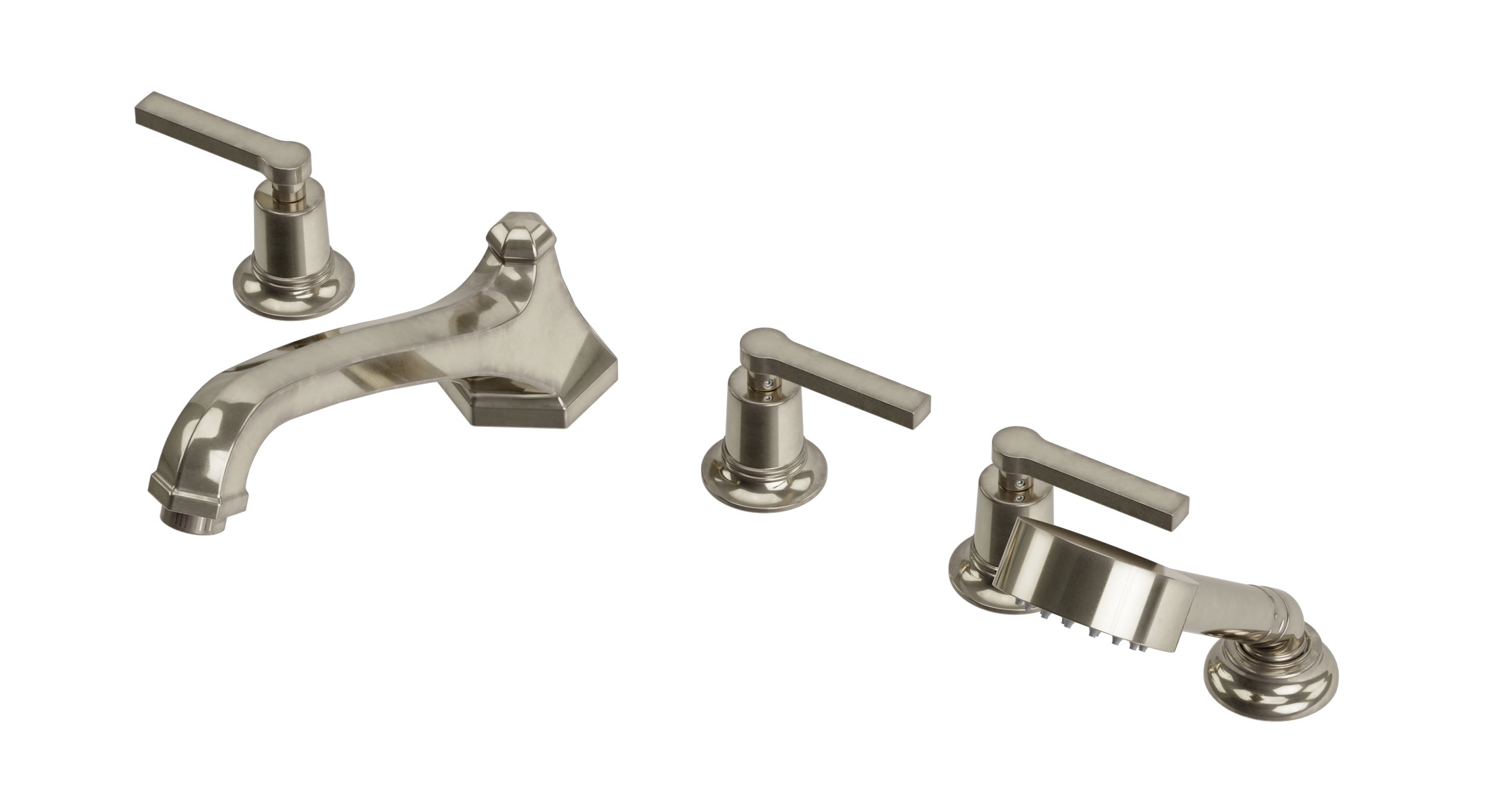 Emerson Three Handle Deck Mount Low Hexagon Bath Trim with Hand Shower and Classic Lever Handles in French Nickel