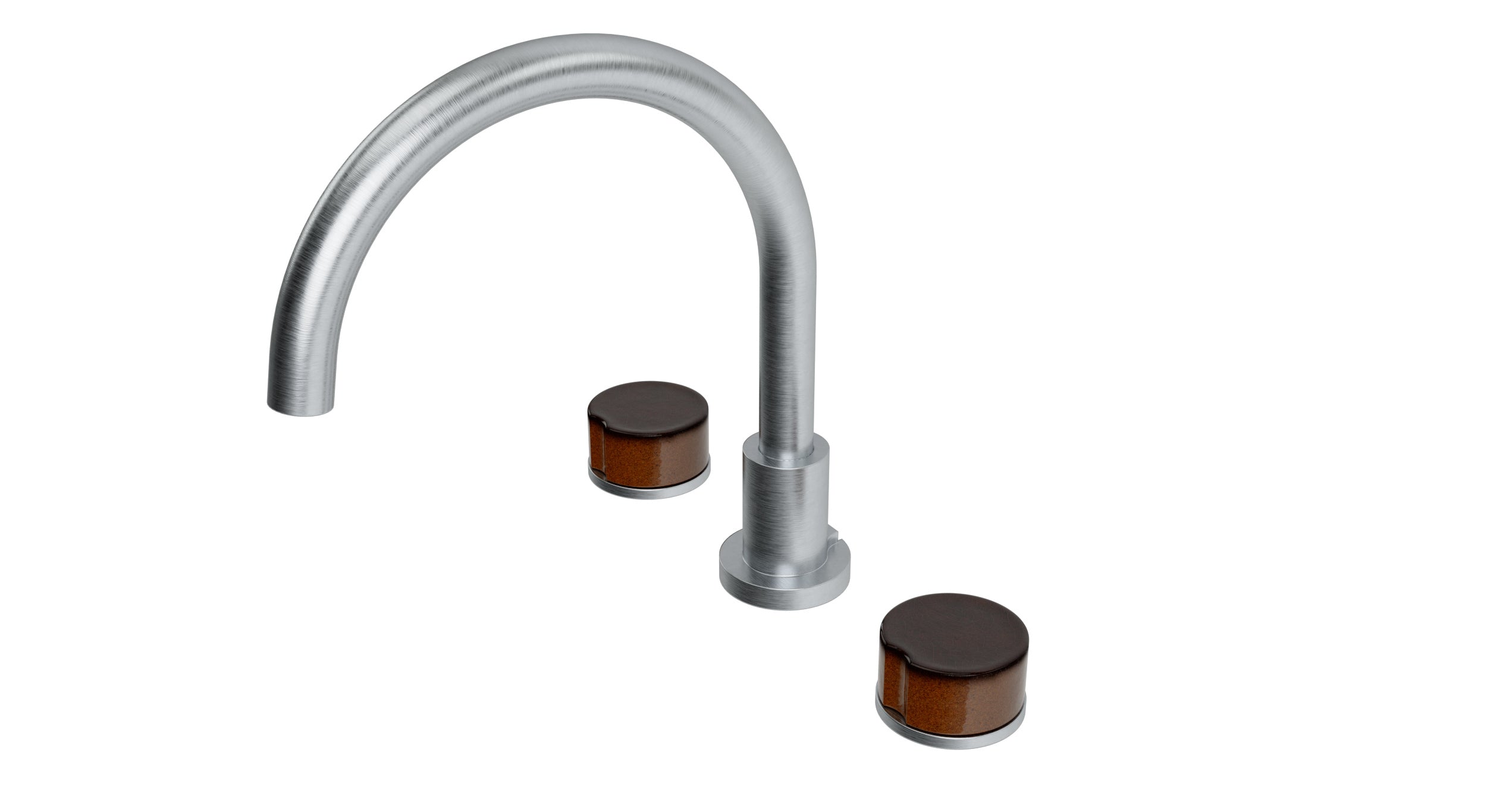 Foundry Two Handle Deck Mount Gooseneck Bath Trim with Groove Ceramic Knob Handles in Satin Chrome