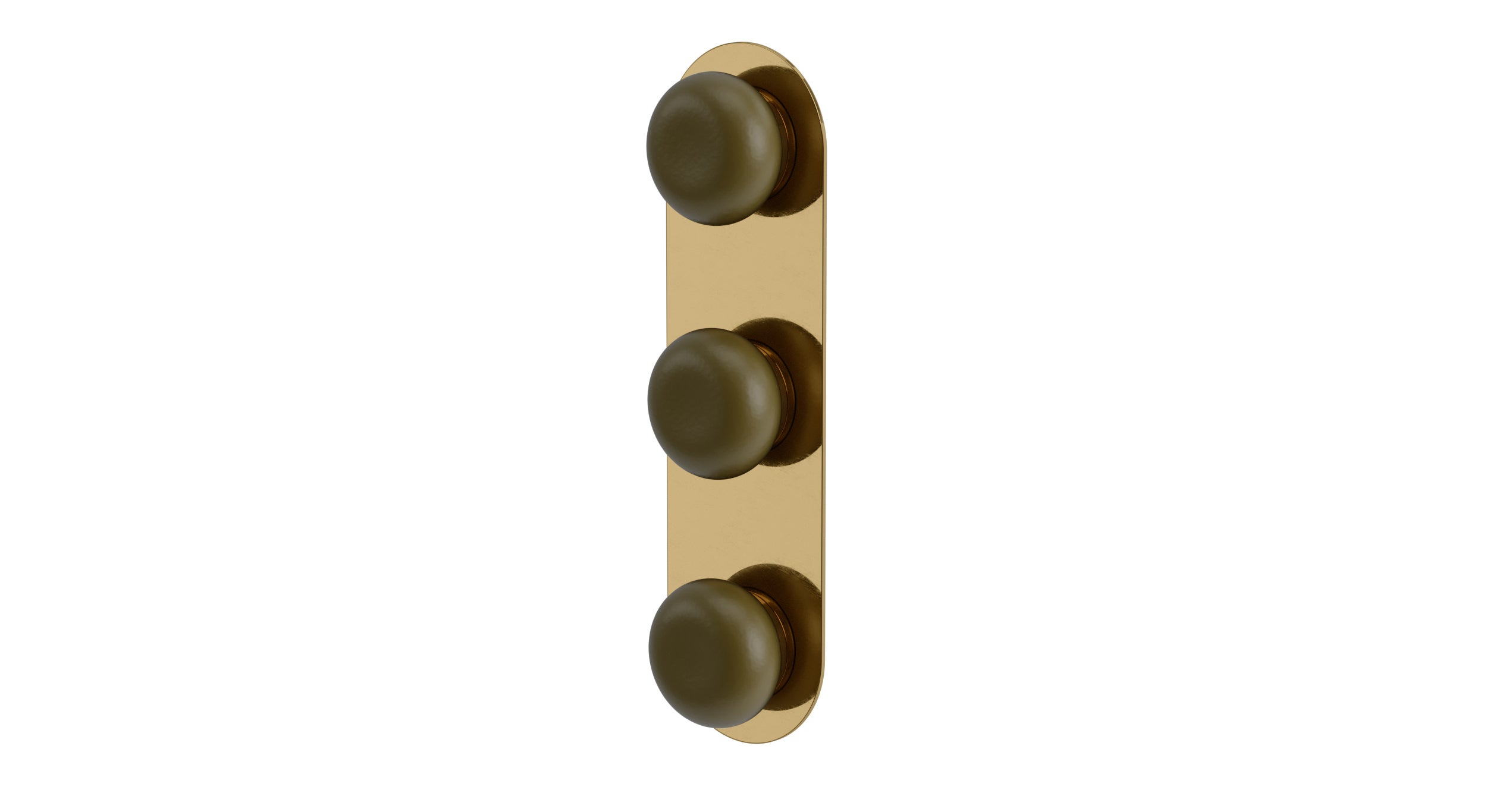 Foundry Three Handle Wall Mount Shower Trim with Pebble Ceramic Knob Handles in Uncoated Polished Brass