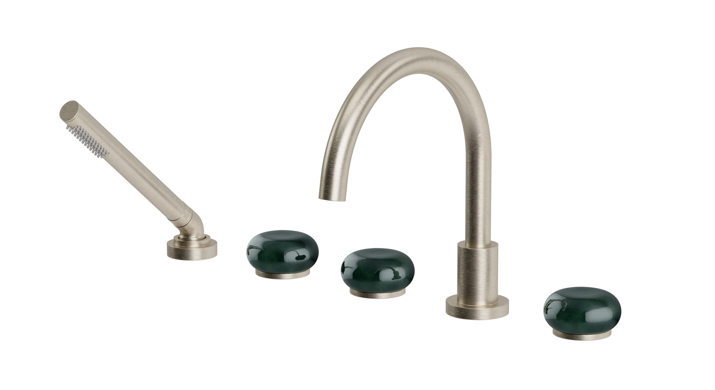 Foundry Three Handle Deck Mount Gooseneck Bath Trim with Hand Shower and Pebble Ceramic Knob Handles in Satin Nickel