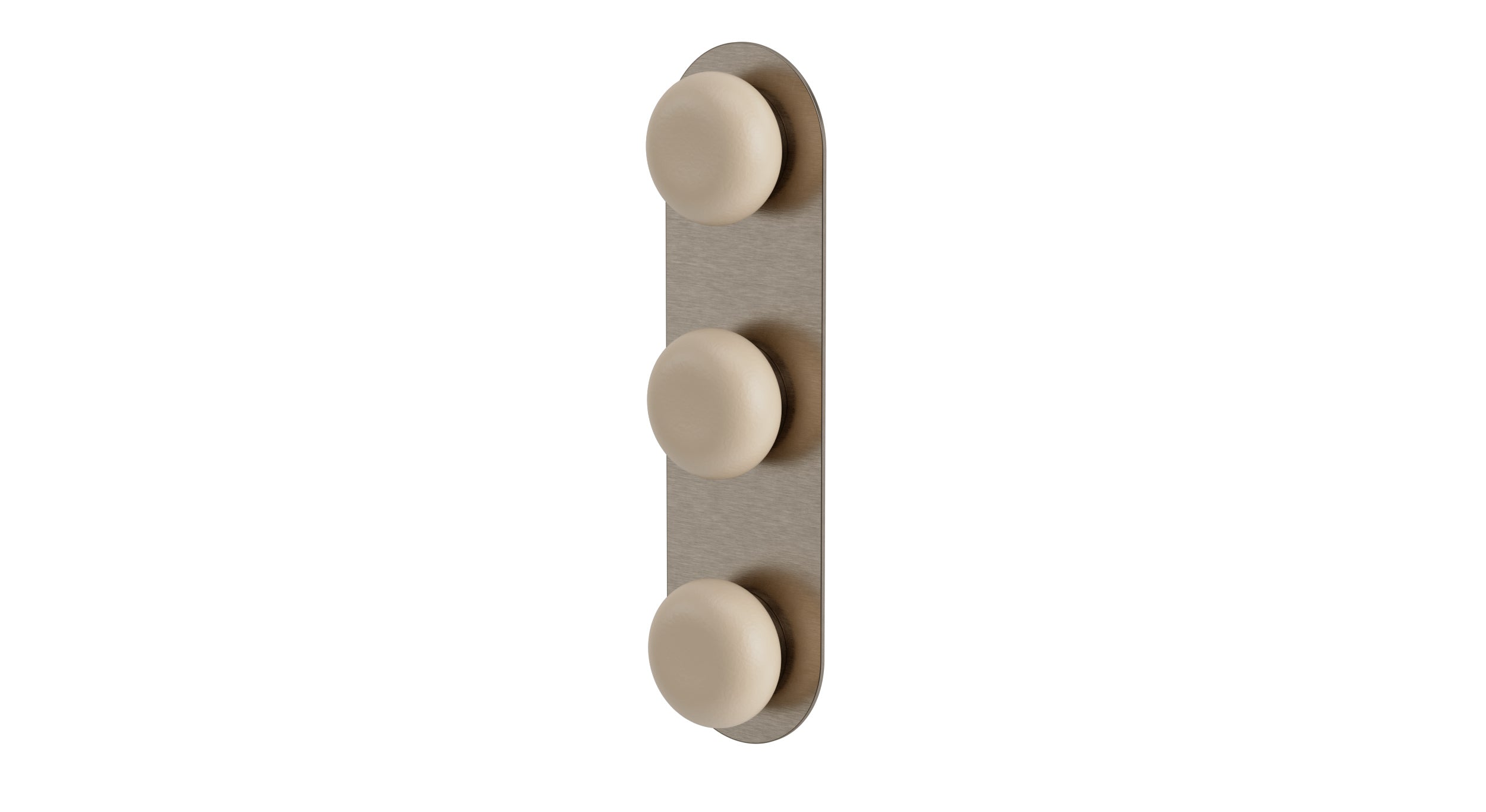 Foundry Three Handle Wall Mount Shower Trim with Pebble Ceramic Knob Handles in Antique Nickel