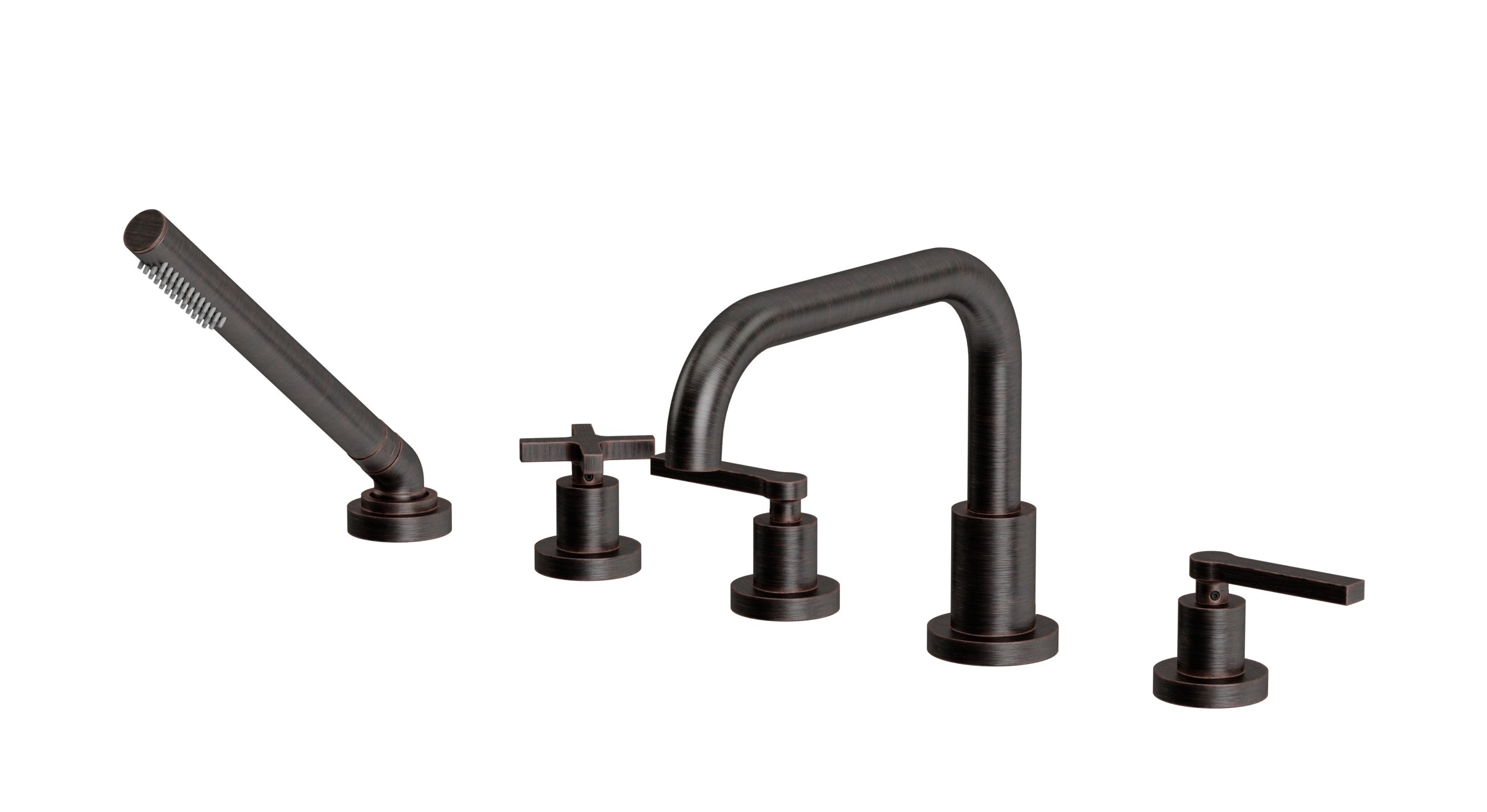 Flatiron Three Handle Deck Mount Squaretop Bath Trim with Hand Shower and Linear Cross/Linear Lever Handles in Antique Bronze