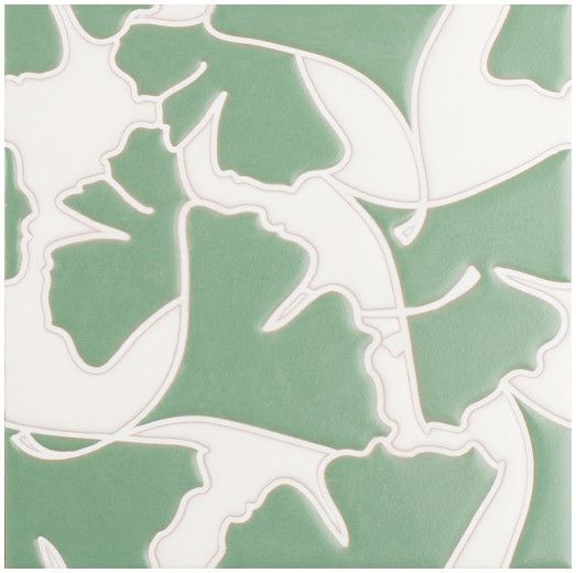 8x8 Handpainted Tile Gingko in Green Motif