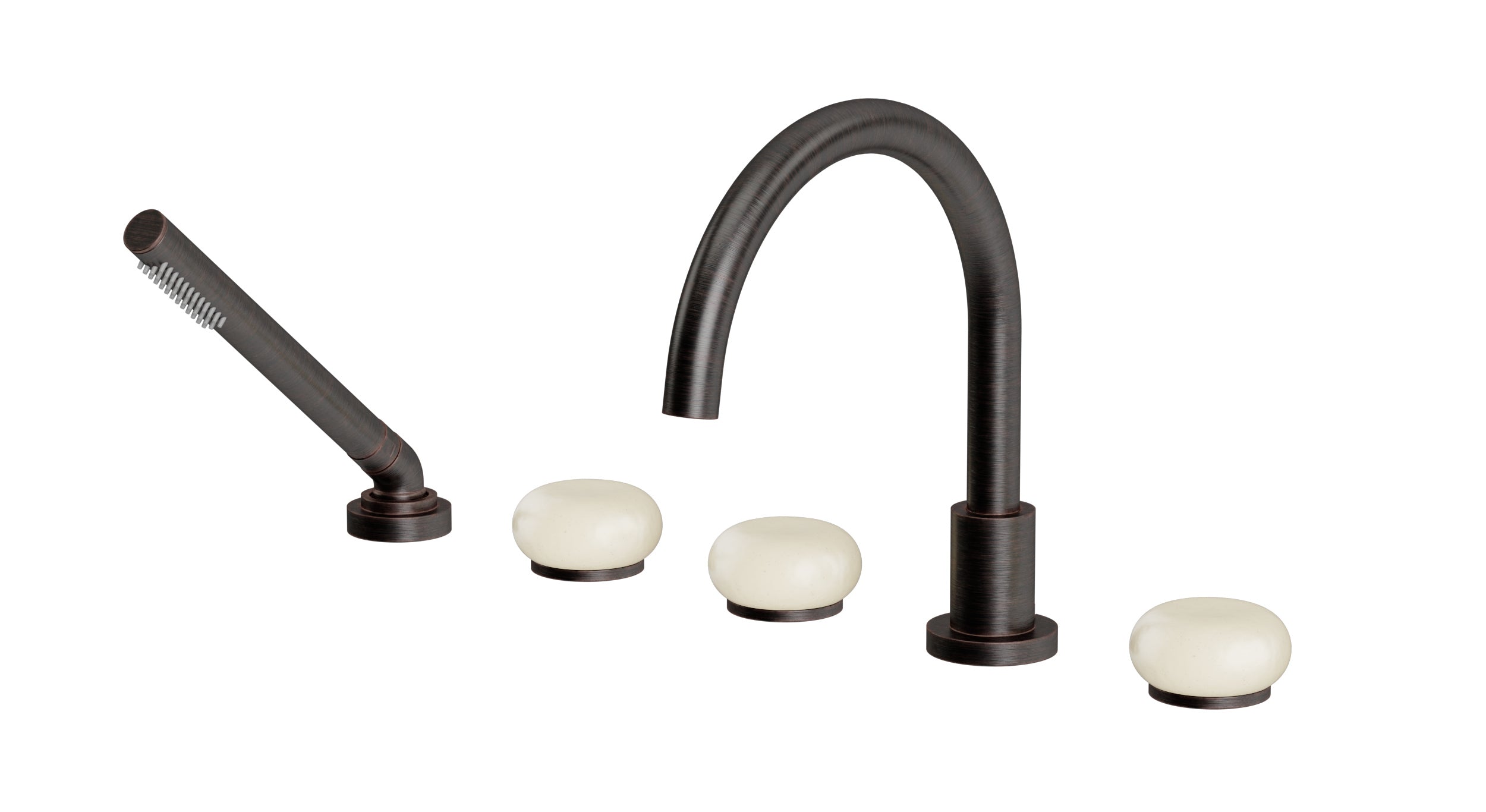 Foundry Three Handle Deck Mount Gooseneck Bath Trim with Hand Shower and Pebble Ceramic Knob Handles in Antique Bronze
