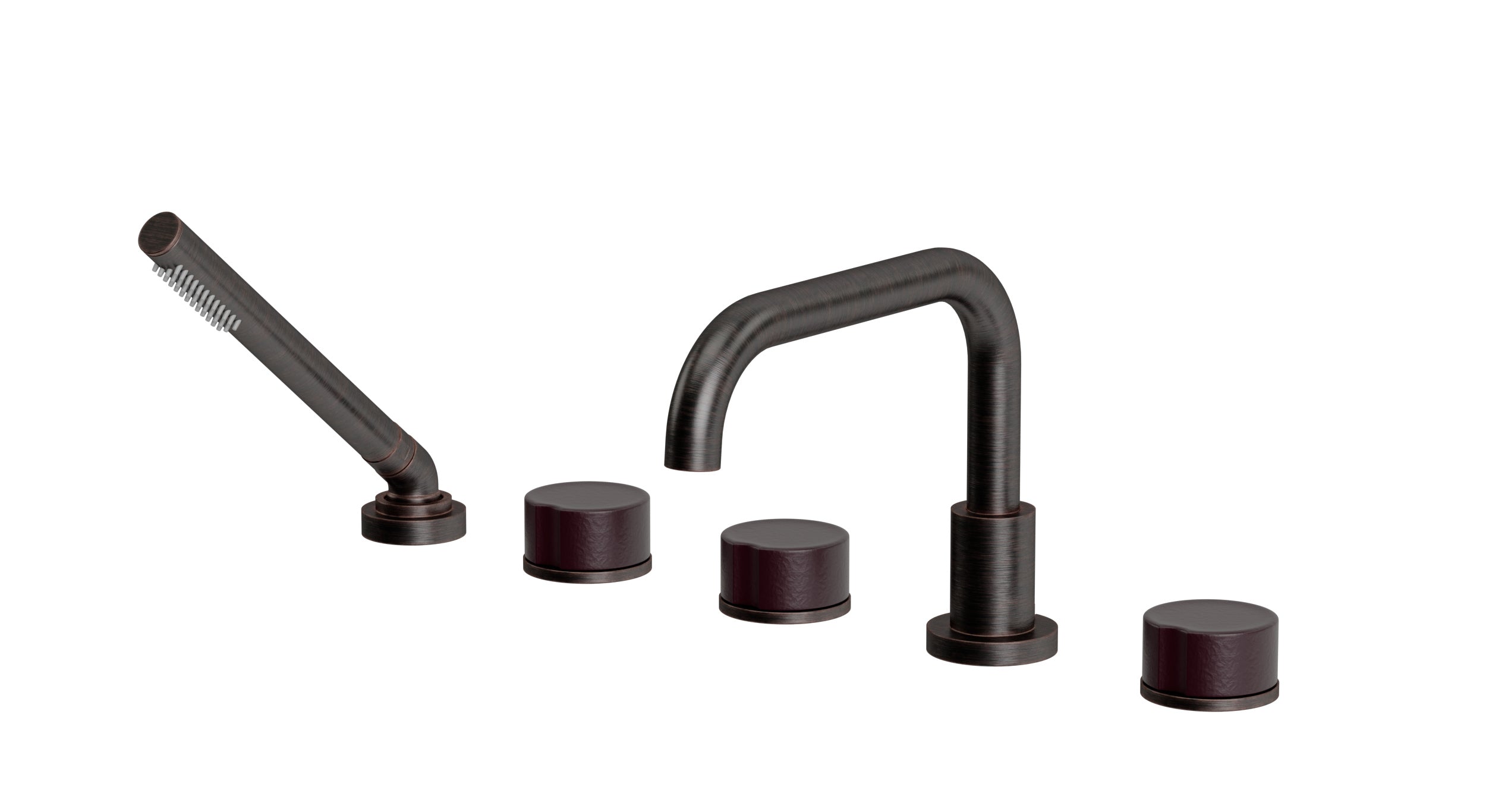 Foundry Three Handle Deck Mount Squaretop Bath Trim with Hand Shower and Groove Ceramic Knob Handles in Antique Bronze
