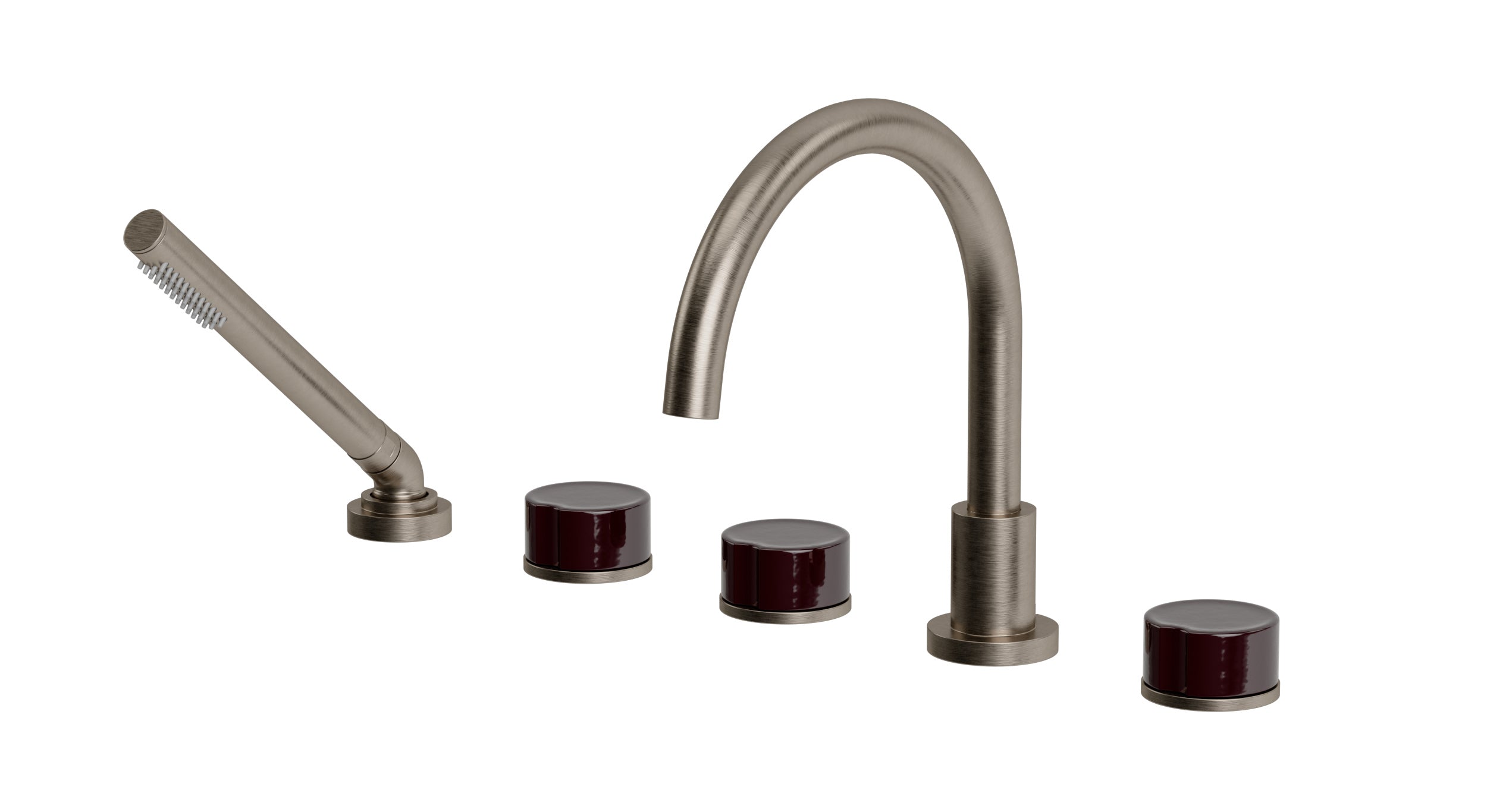 Foundry Three Handle Deck Mount Gooseneck Bath Trim with Hand Shower and Groove Ceramic Knob Handles in Antique Nickel