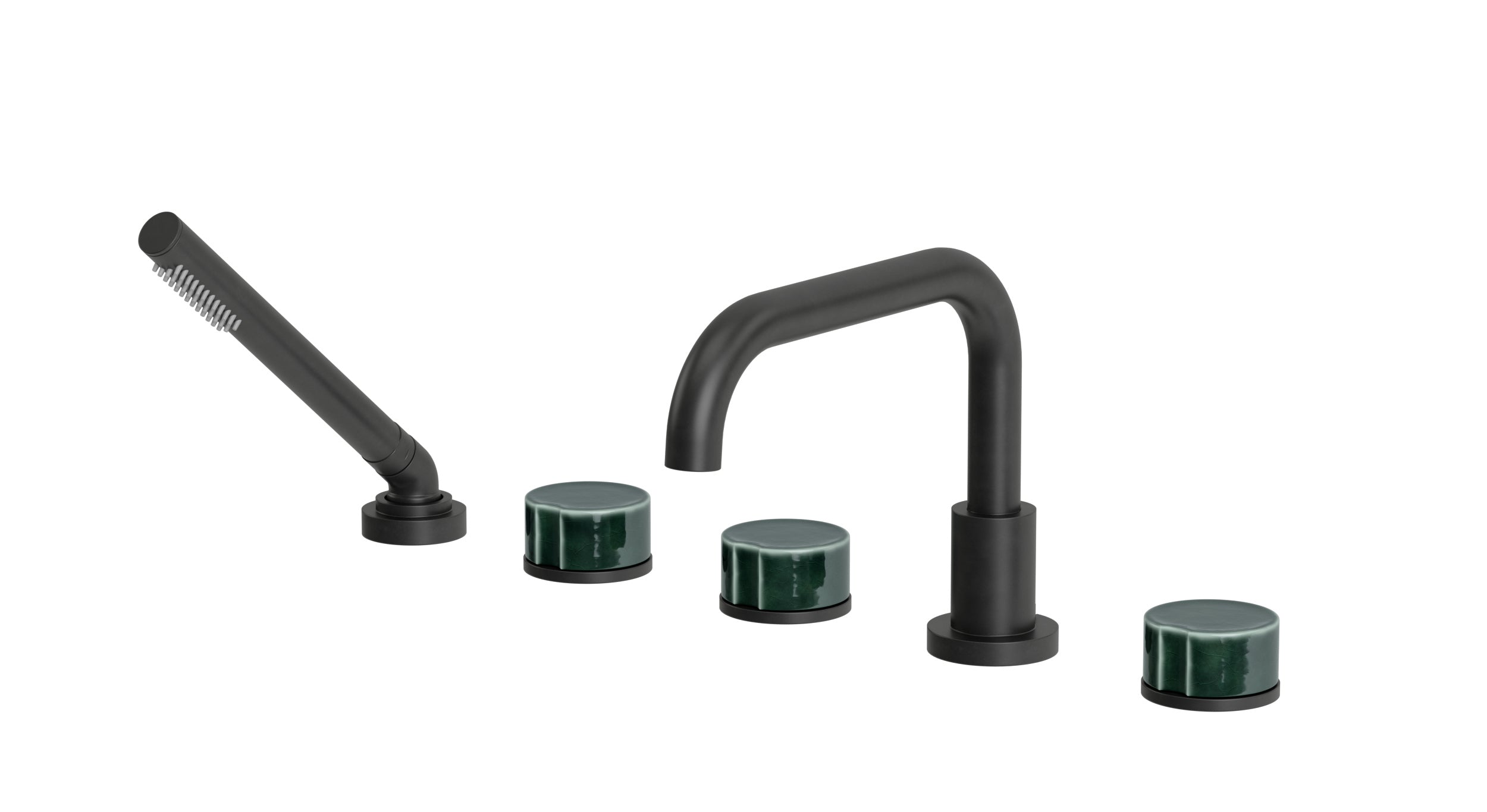 Foundry Three Handle Deck Mount Squaretop Bath Trim with Hand Shower and Groove Ceramic Knob Handles in Oil Rubbed Bronze