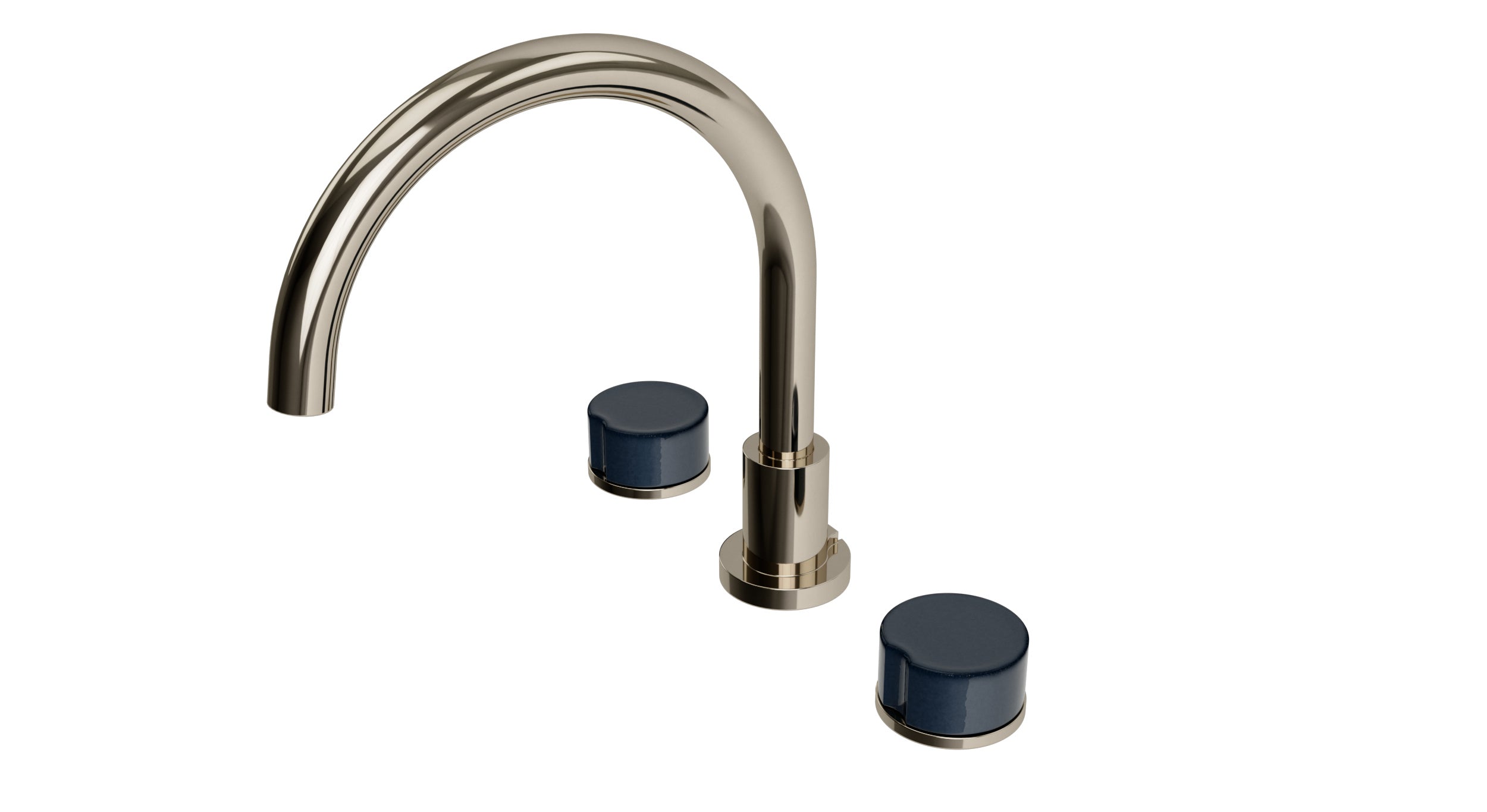 Foundry Two Handle Deck Mount Gooseneck Bath Trim with Groove Ceramic Knob Handles in Polished Nickel