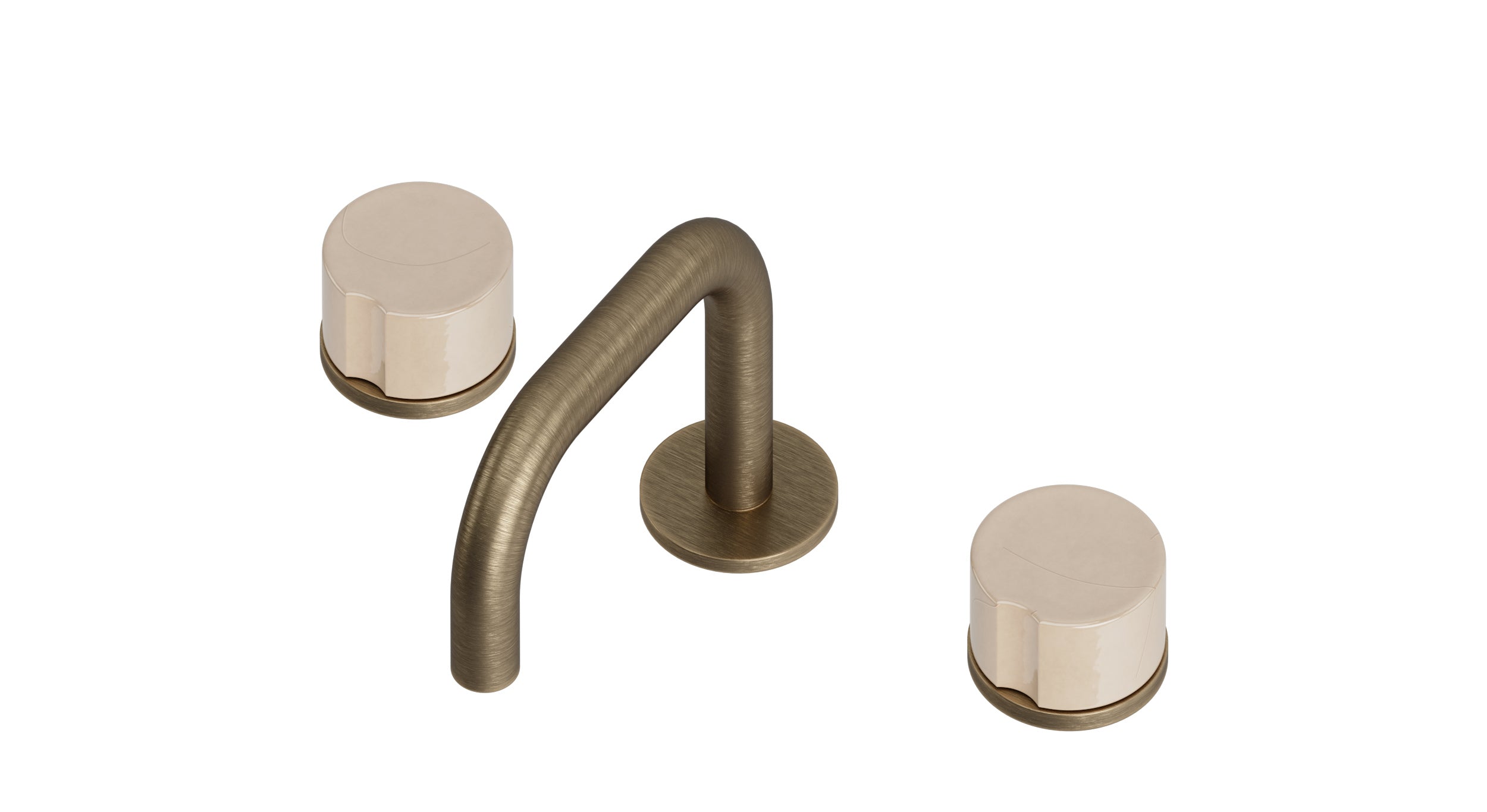 Foundry Two Handle Deck Mount Squaretop Lavatory Faucet with Groove Ceramic Knob Handles in Antique Brass
