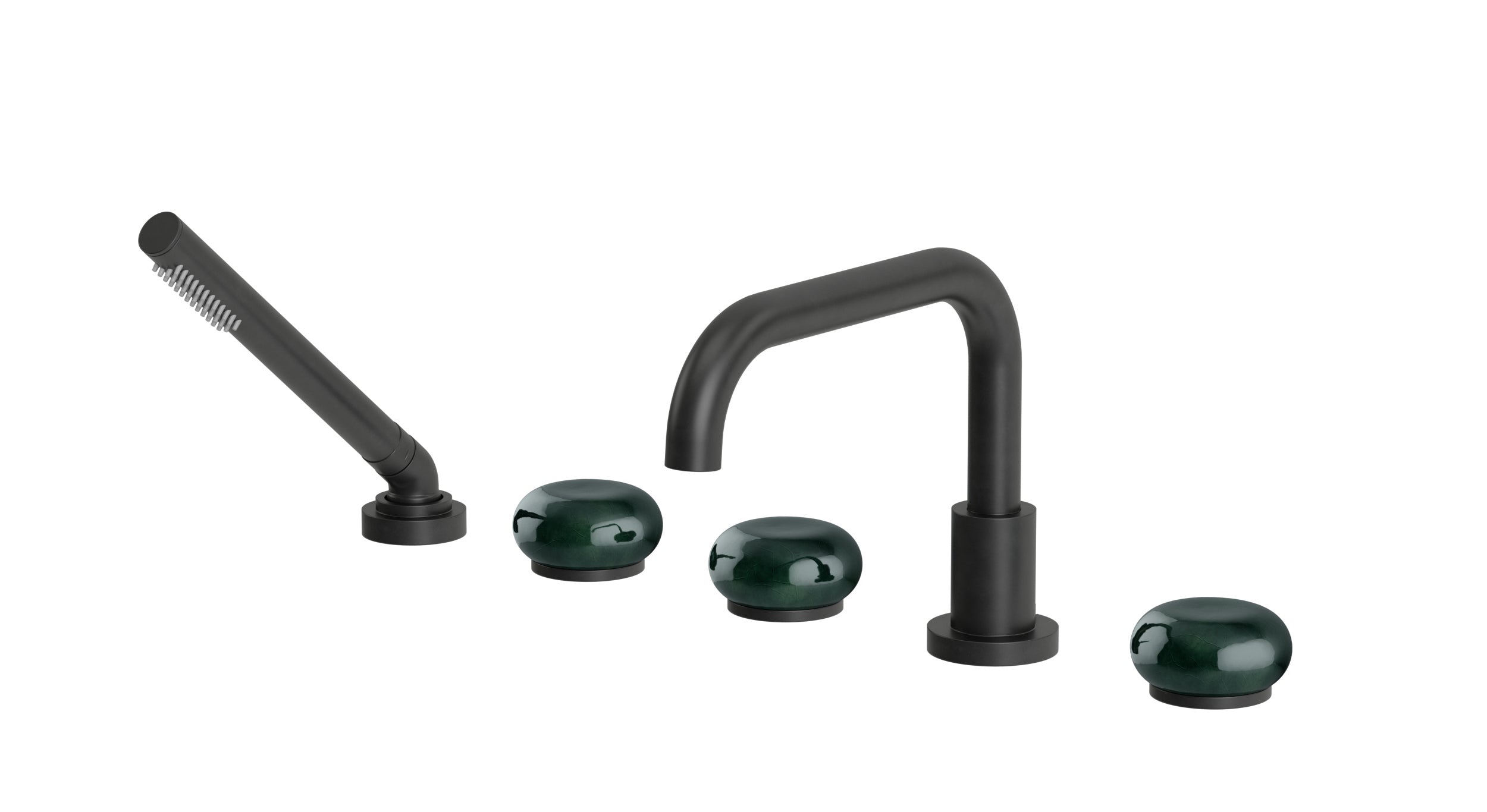 Foundry Three Handle Deck Mount Squaretop Bath Trim with Hand Shower and Pebble Ceramic Knob Handles in Oil Rubbed Bronze