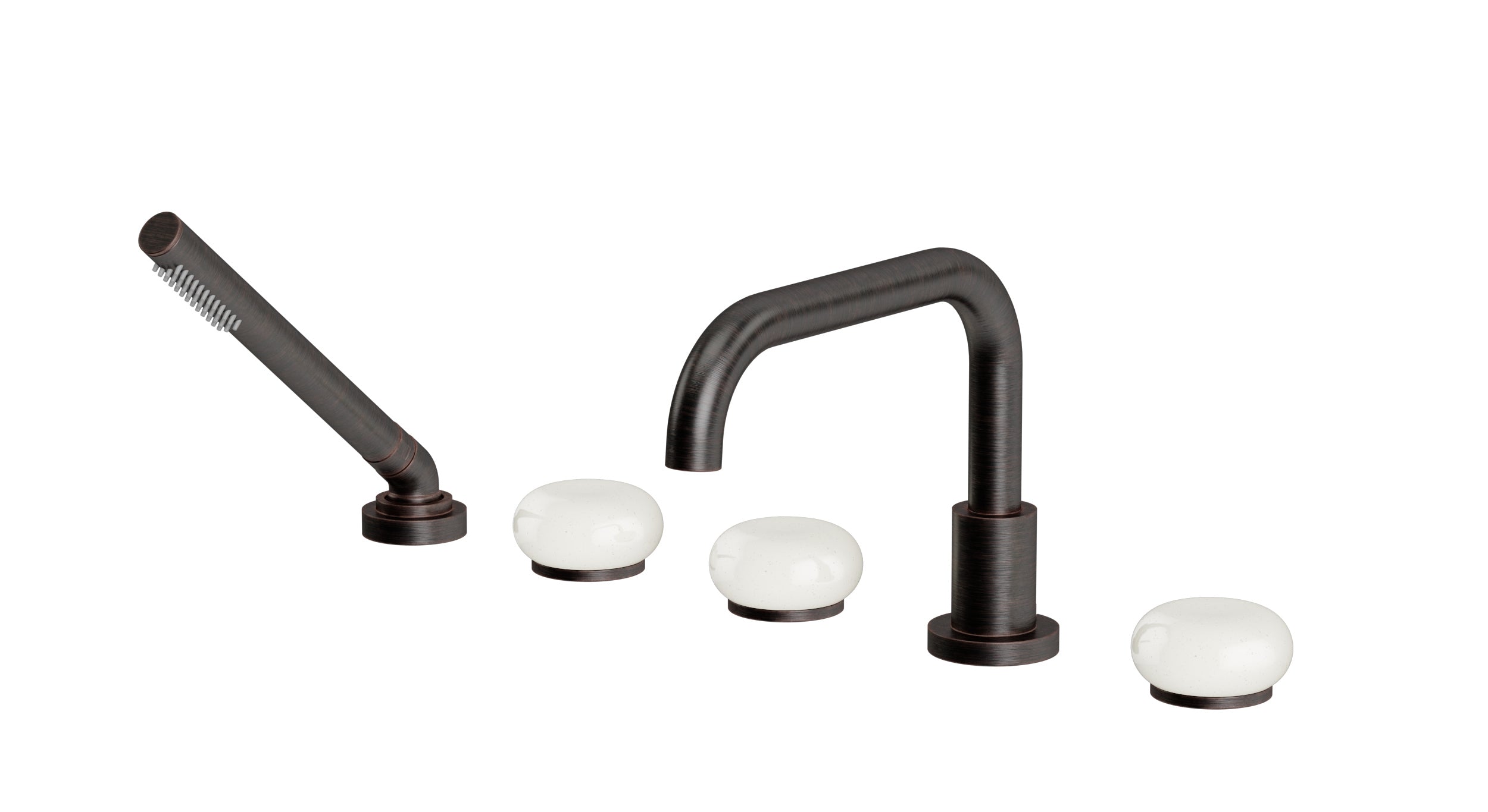 Foundry Three Handle Deck Mount Squaretop Bath Trim with Hand Shower and Pebble Ceramic Knob Handles in Antique Bronze