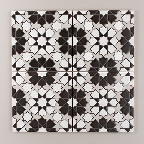 8x8 Handpainted Tile Elephant Star in Black & White Motif