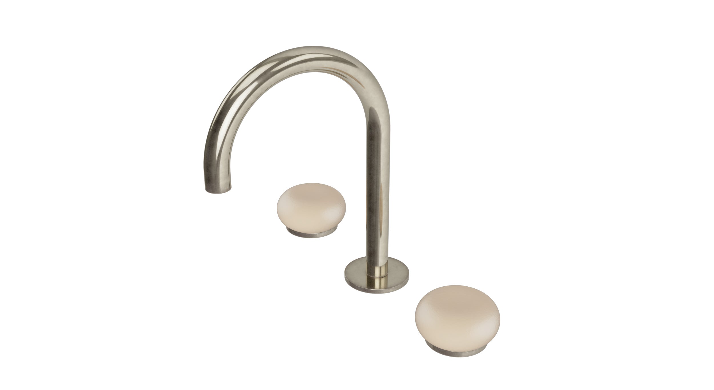 Foundry Two Handle Deck Mount Gooseneck Lavatory Faucet with Pebble Ceramic Knob Handles in French Nickel