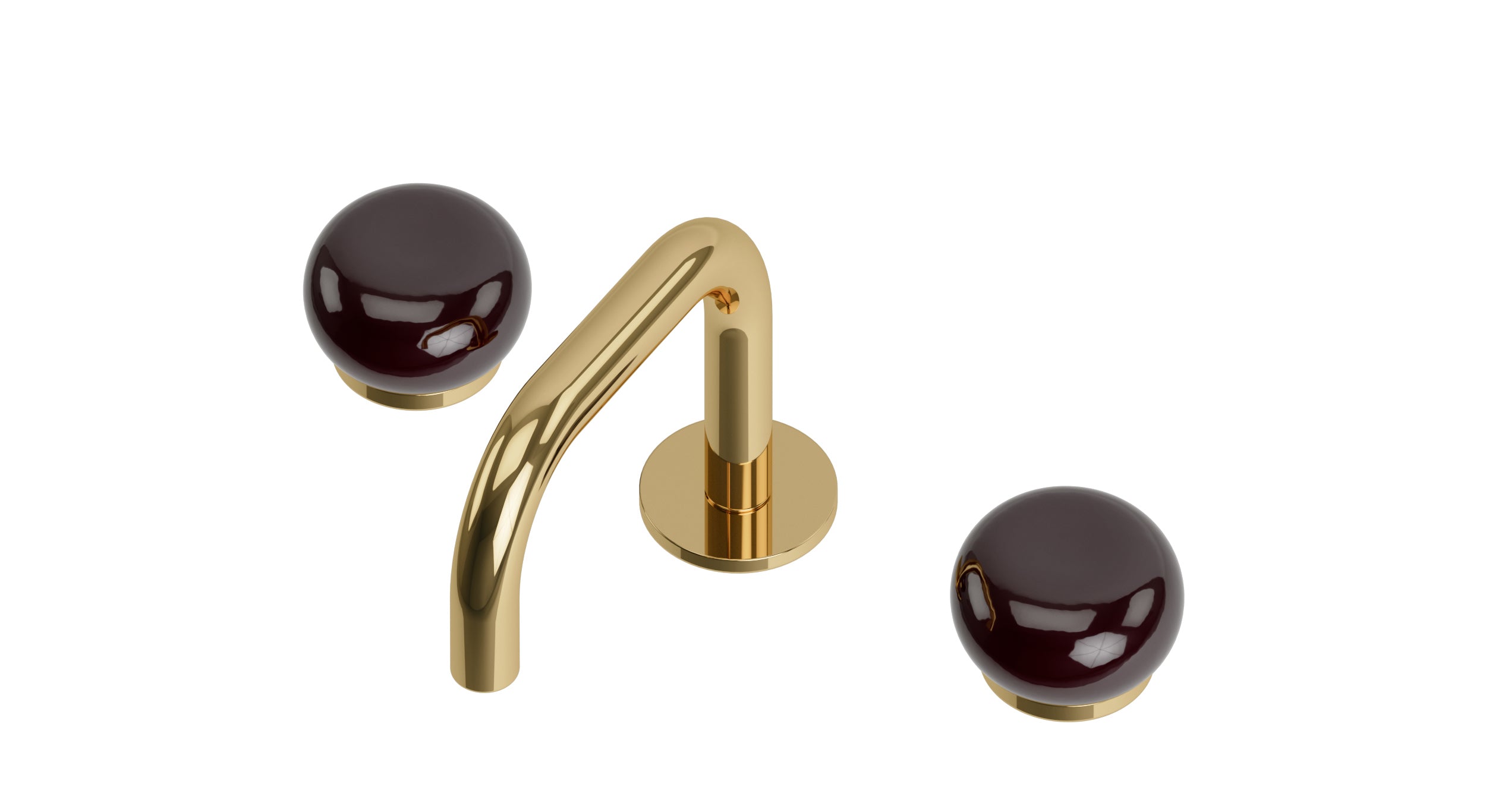 Foundry Two Handle Deck Mount Squaretop Lavatory Faucet with Pebble Ceramic Knob Handles in Polished Brass