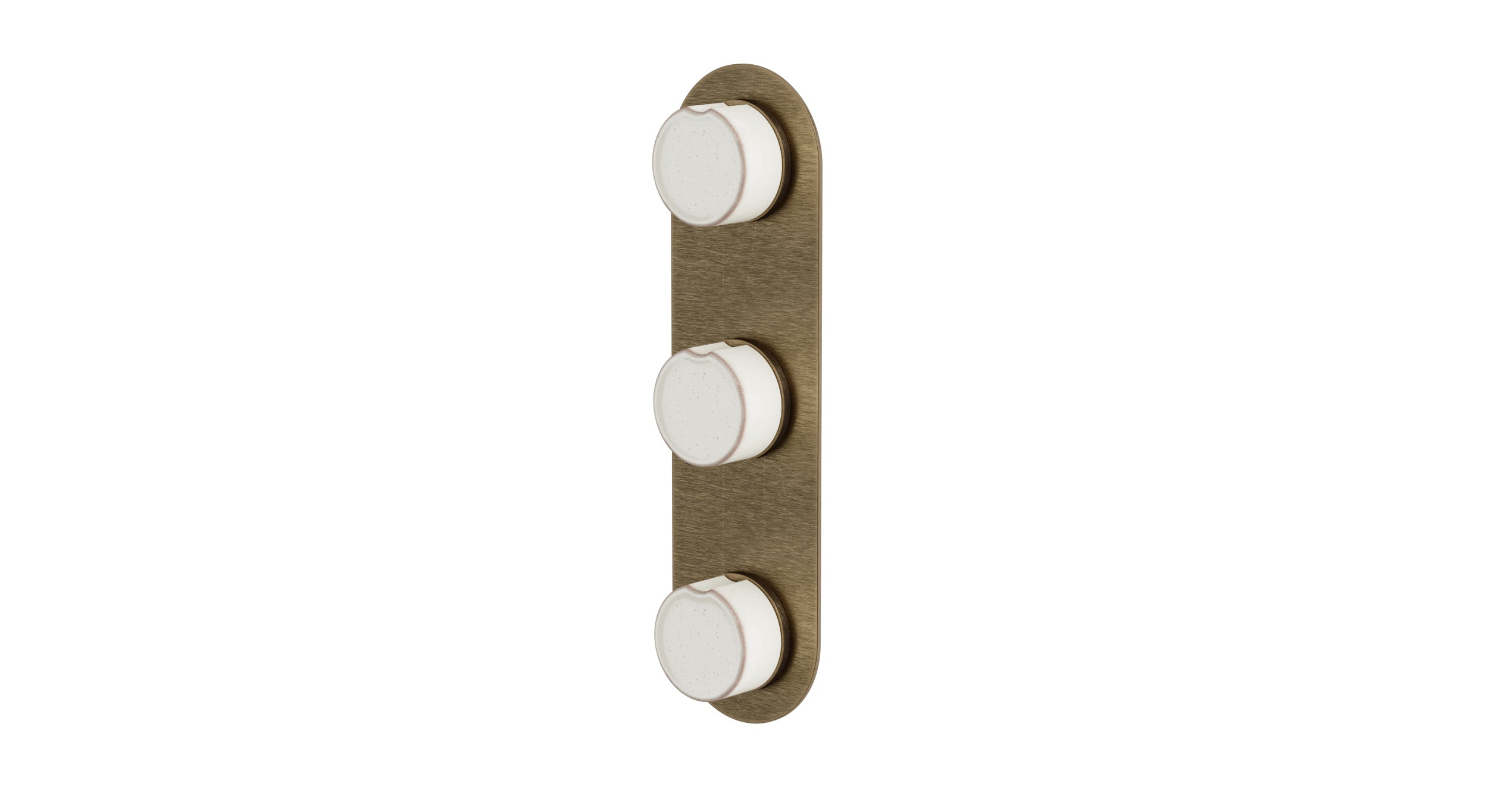 Foundry Three Handle Wall Mount Shower Trim with Groove Ceramic Knob Handles in Antique Brass