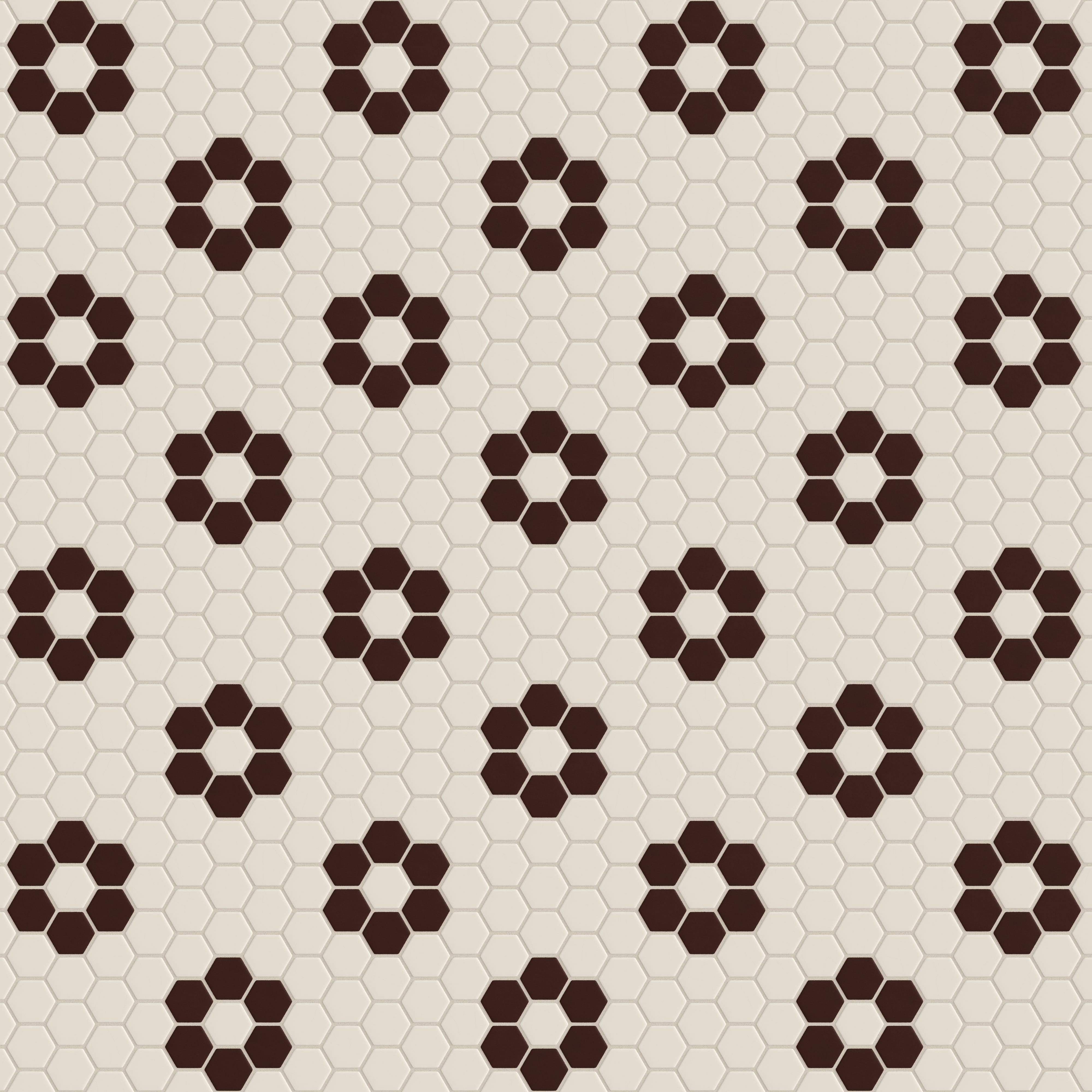 2" Hexagon Double Daisy Sheeted Original Ceramic Tile in Sand Dune Matte & Garnet Matte
