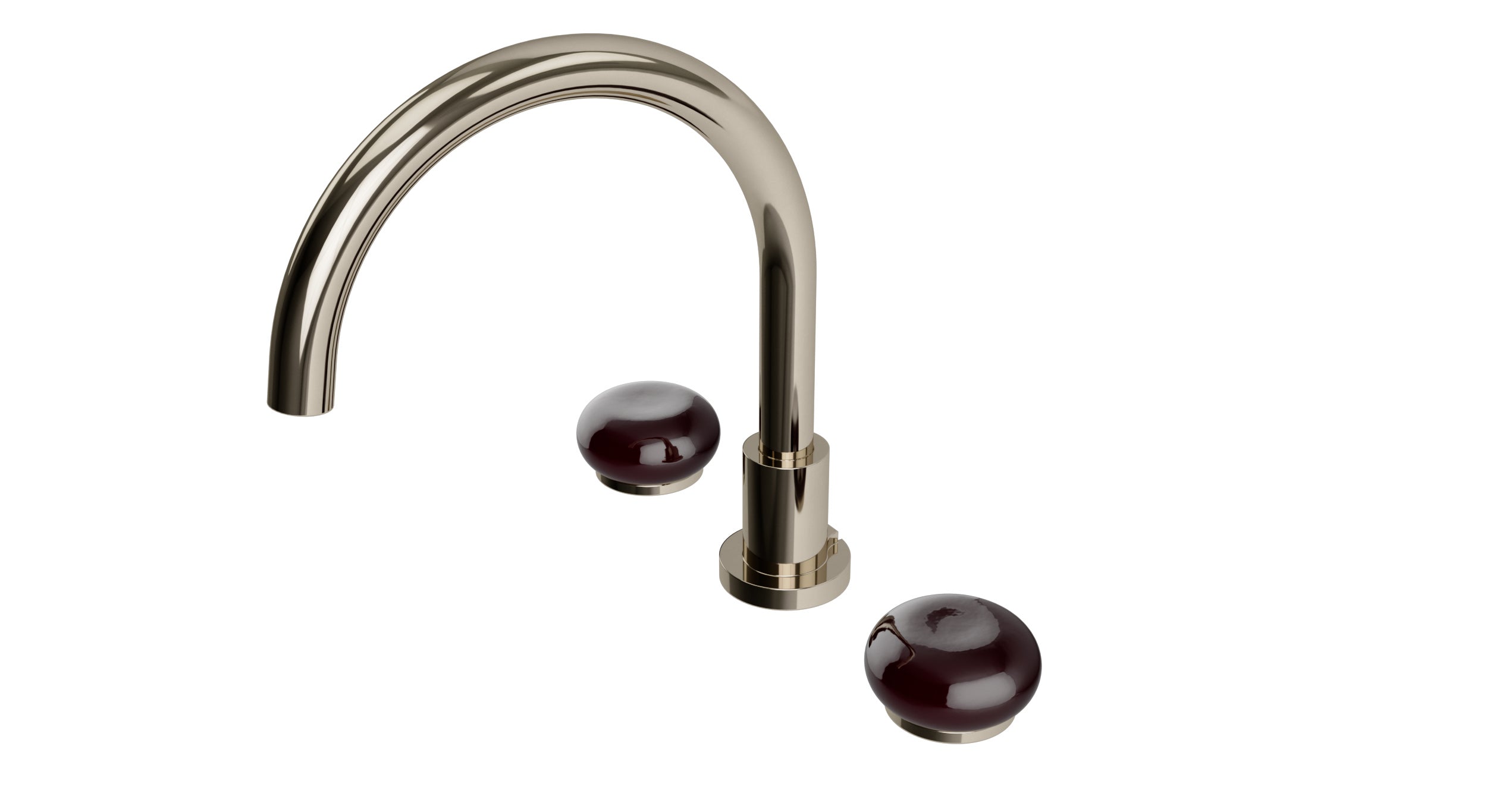 Foundry Two Handle Deck Mount Gooseneck Bath Trim with Pebble Ceramic Knob Handles in Polished Nickel