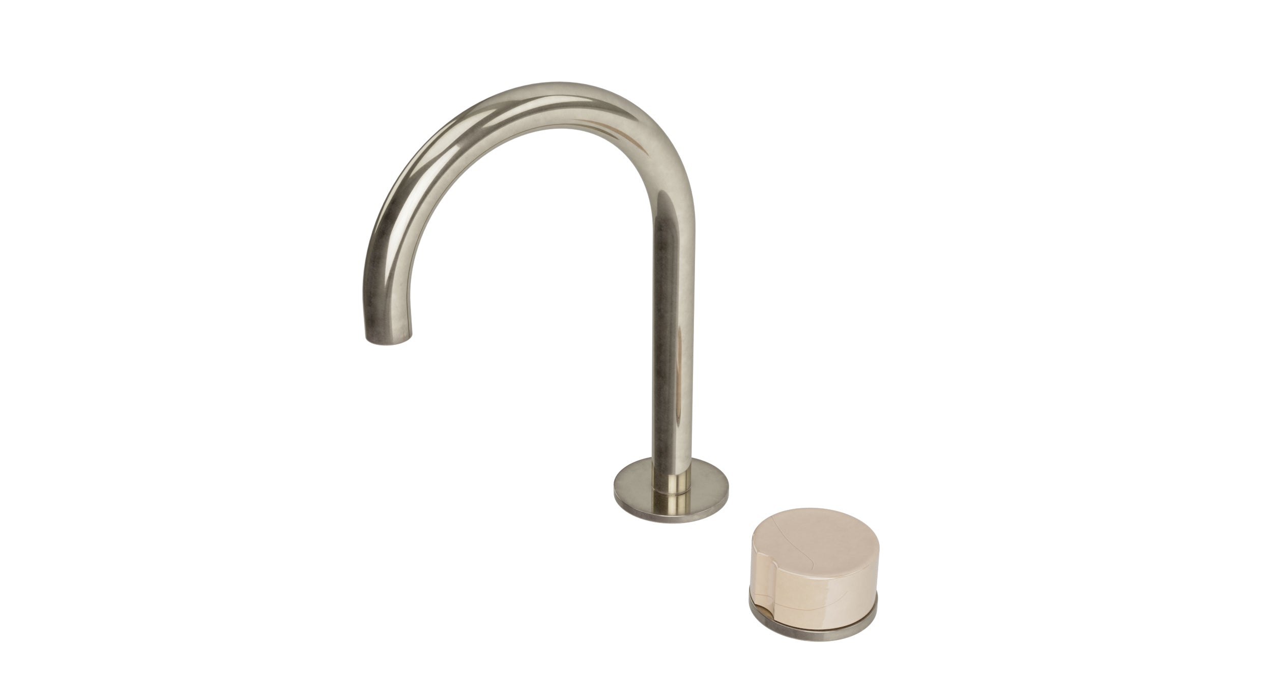 Foundry One Handle Deck Mount Gooseneck Lavatory Faucet with Groove Ceramic Knob Handle in French Nickel