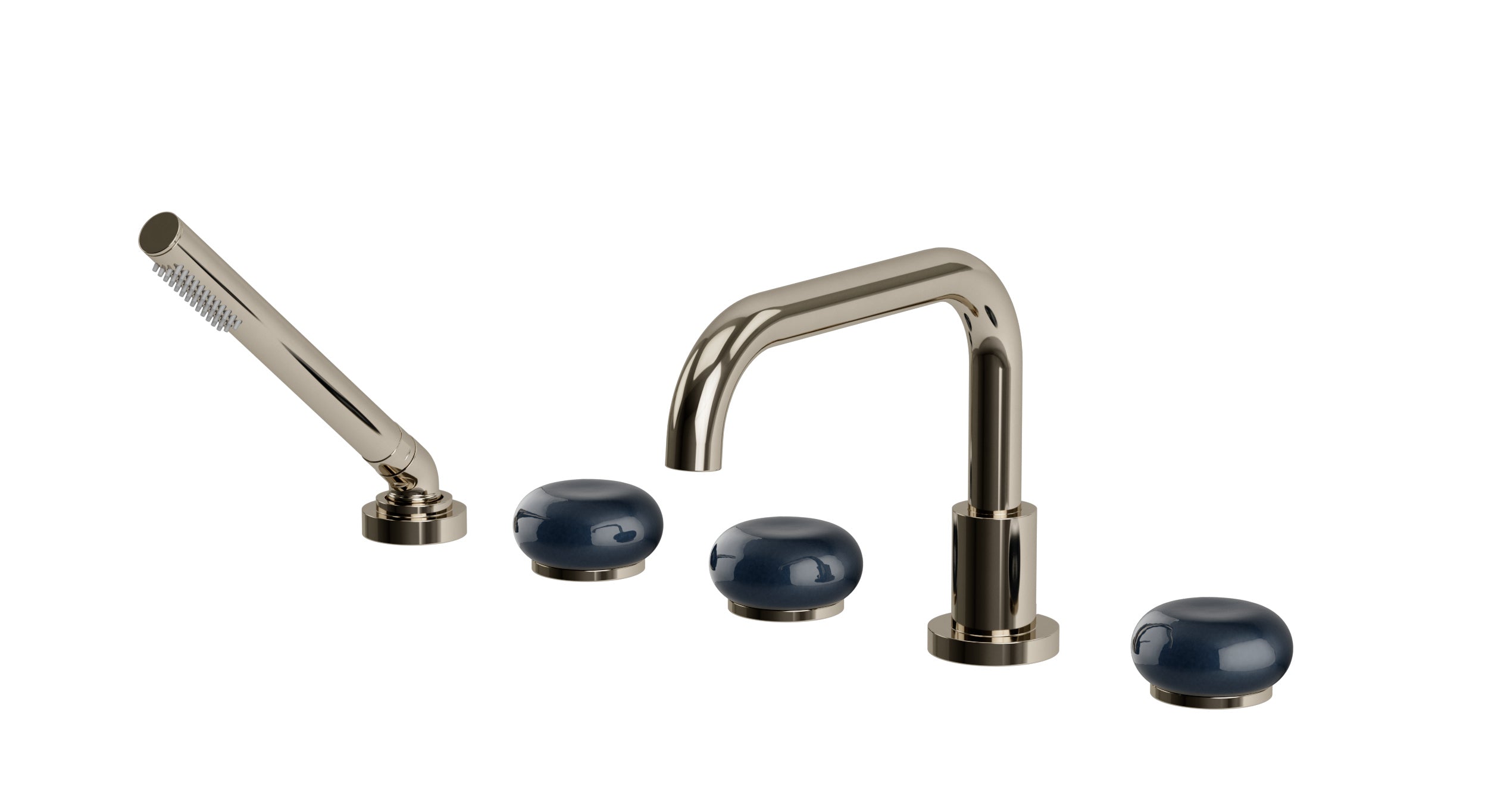 Foundry Three Handle Deck Mount Squaretop Bath Trim with Hand Shower and Pebble Ceramic Knob Handles in Polished Nickel