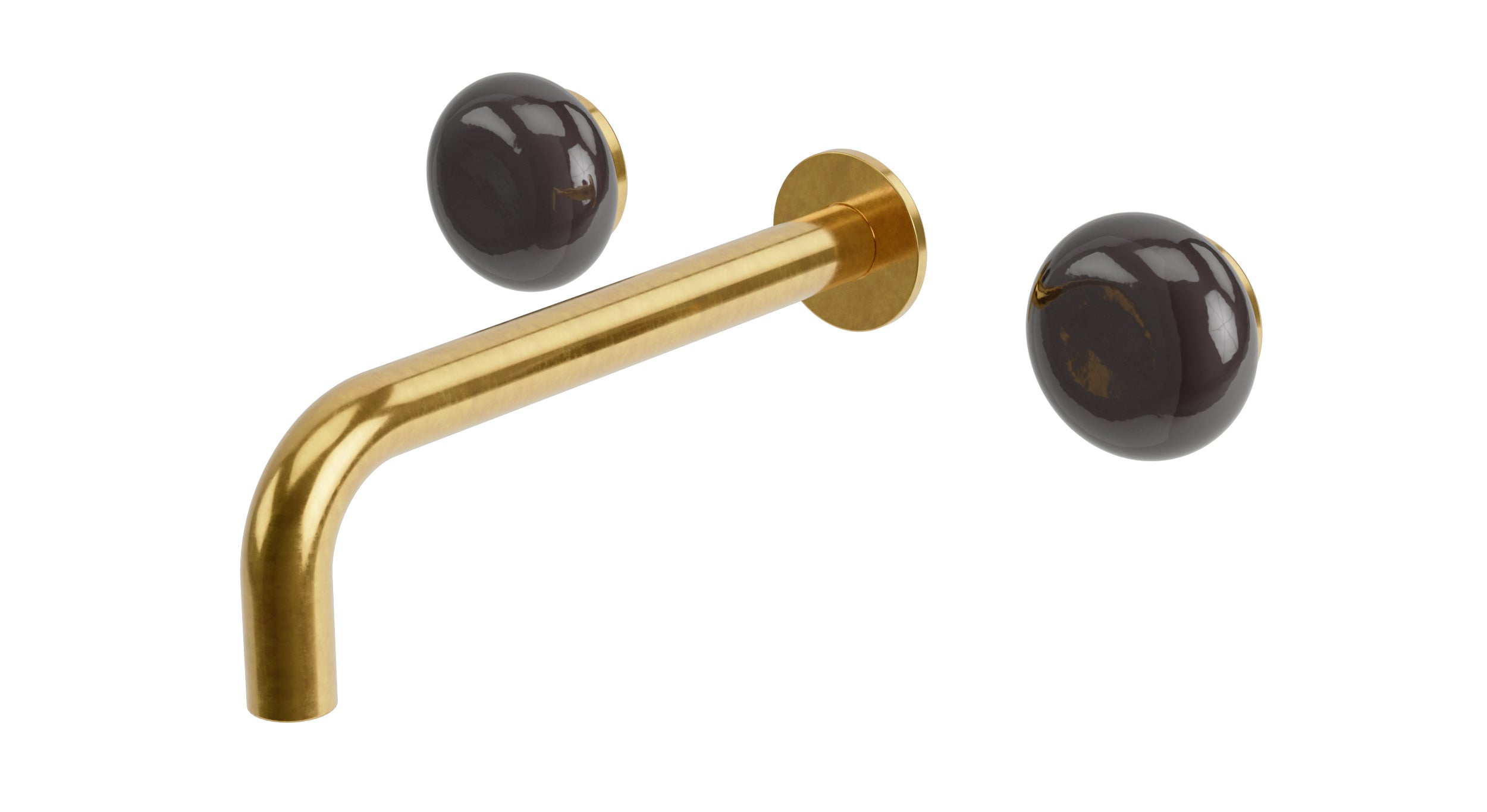 Foundry Two Handle Wall Mount 7.5" Lavatory Faucet with Pebble Ceramic Knob Handles in French Brass