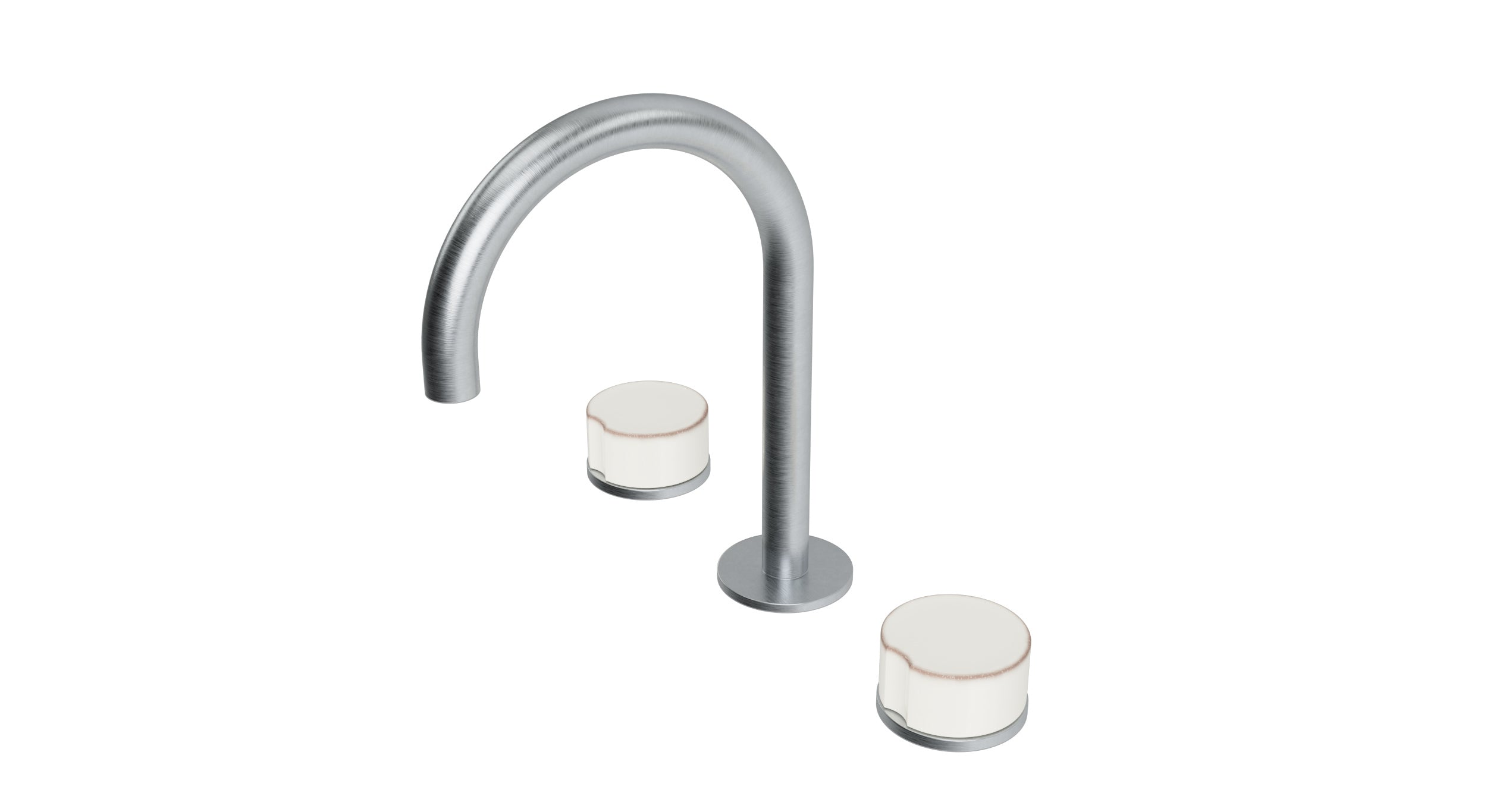 Foundry Two Handle Deck Mount Gooseneck Lavatory Faucet with Groove Ceramic Knob Handles in Satin Chrome