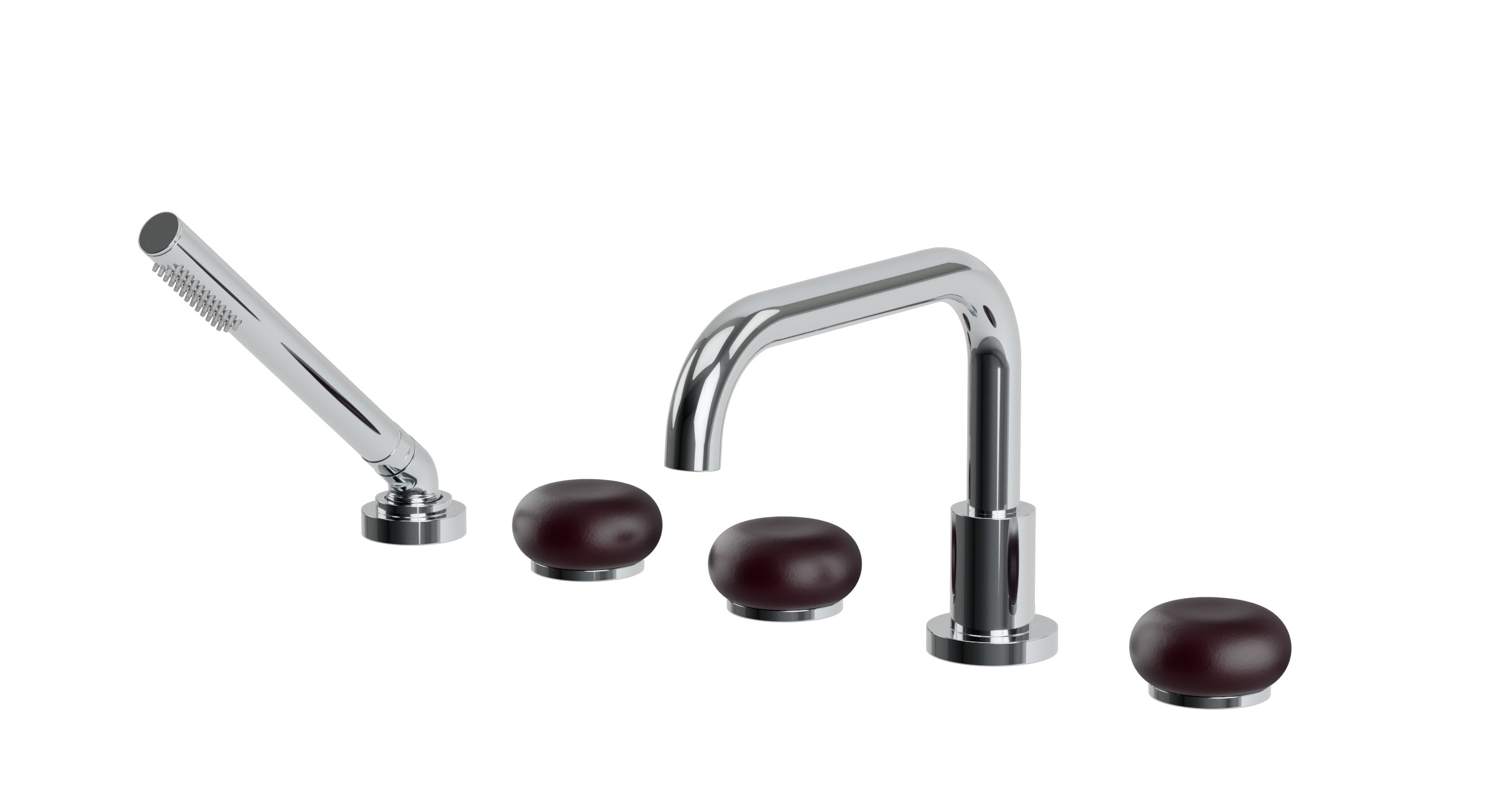Foundry Three Handle Deck Mount Squaretop Bath Trim with Hand Shower and Pebble Ceramic Knob Handles in Polished Chrome