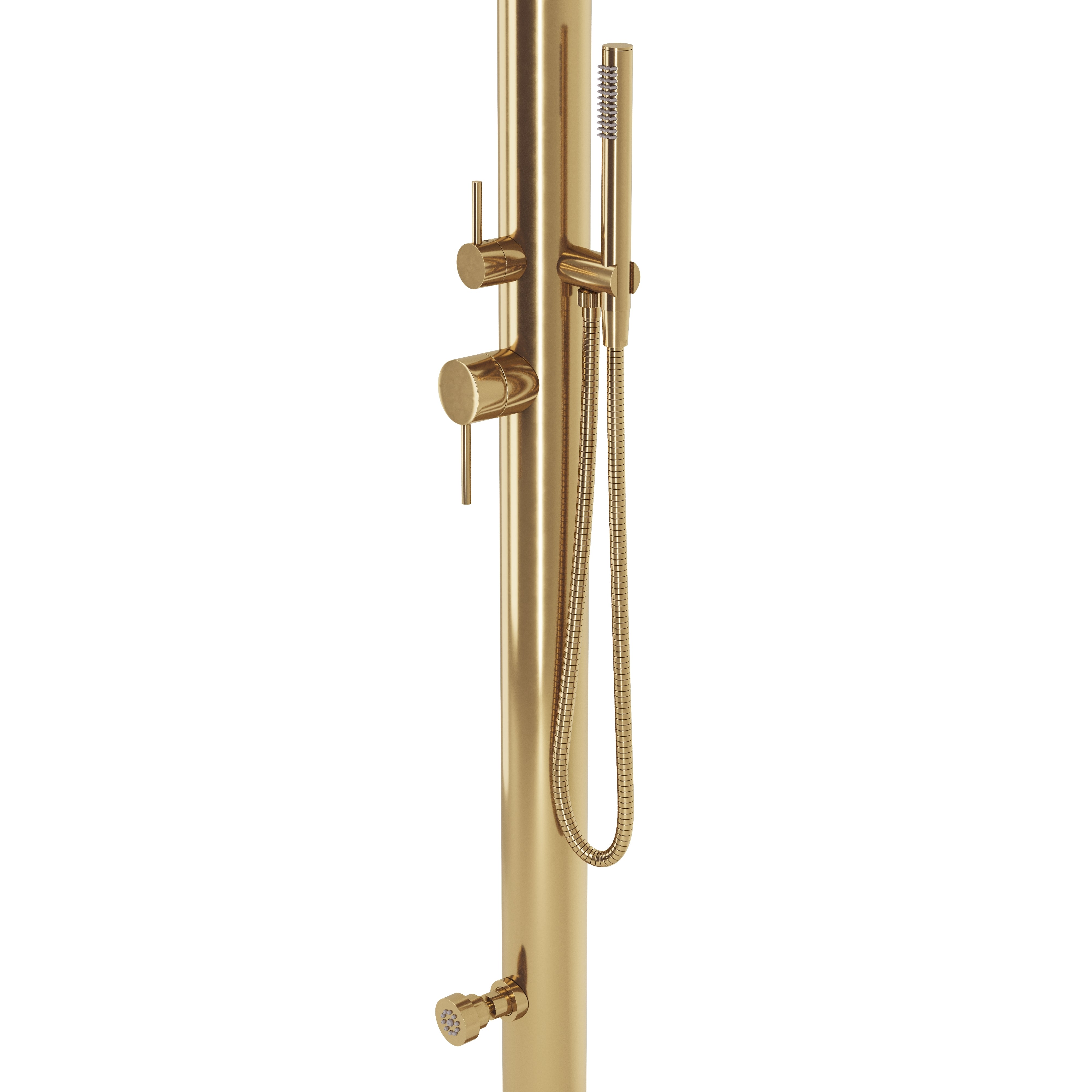 Contour Outdoor Shower Pressure Balance with 12" Rain Head, Hand Shower, and Foot Wash in Uncoated Polished Brass