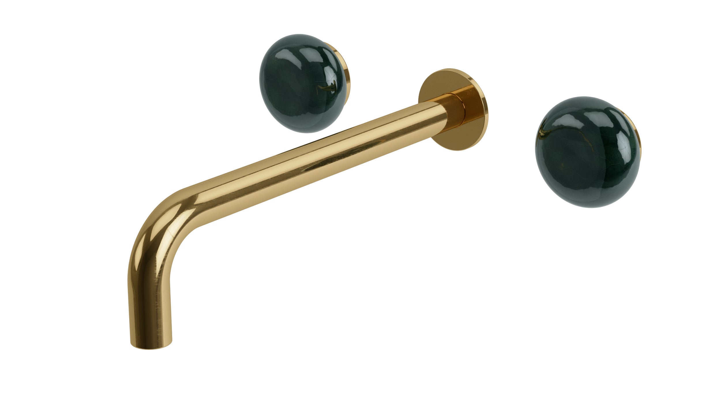 Foundry Two Handle Wall Mount 10" Lavatory Faucet with Pebble Ceramic Knob Handles in Uncoated Polished Brass