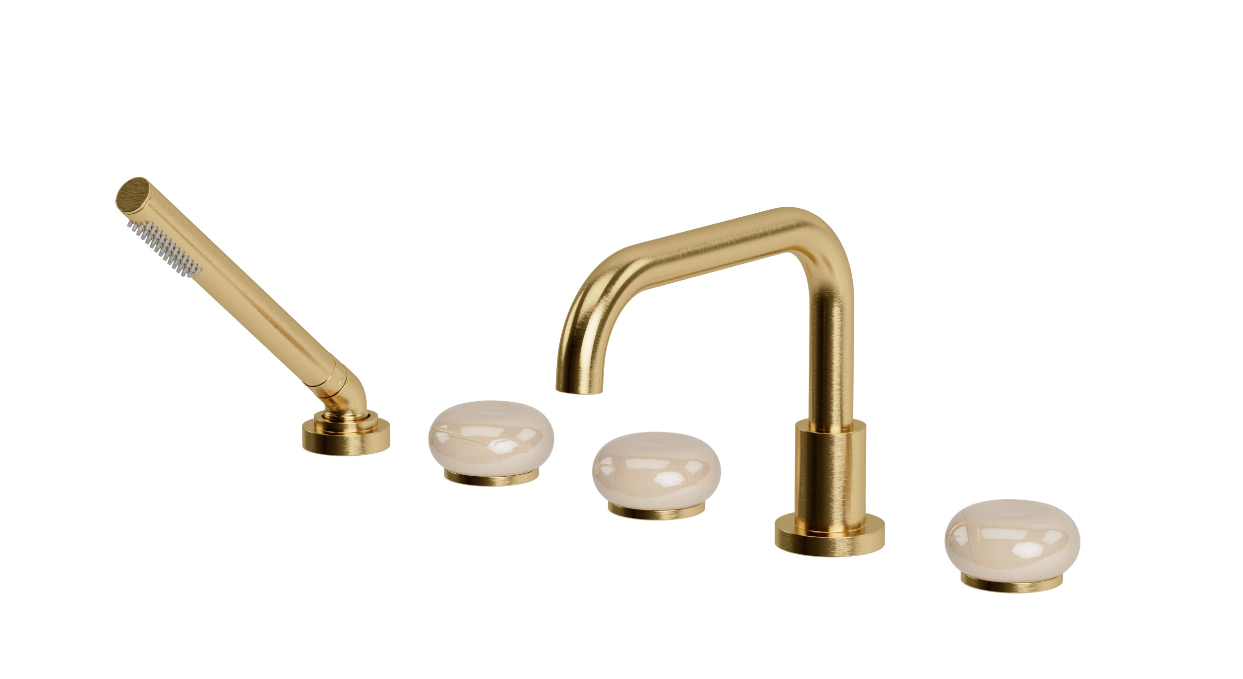 Foundry Three Handle Deck Mount Squaretop Bath Trim with Hand Shower and Pebble Ceramic Knob Handles in Satin Brass