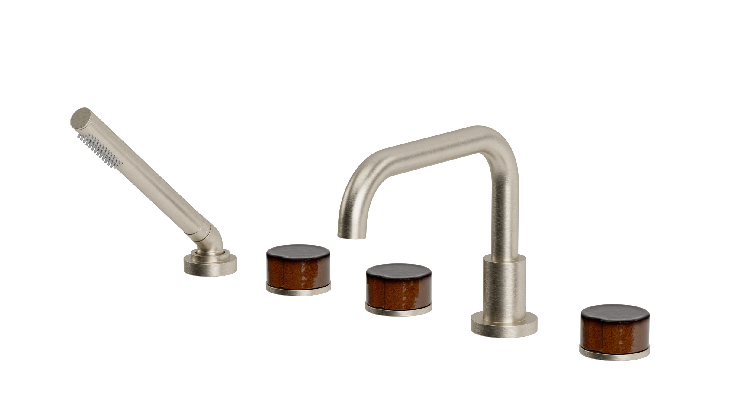 Foundry Three Handle Deck Mount Squaretop Bath Trim with Hand Shower and Groove Ceramic Knob Handles in Satin Nickel