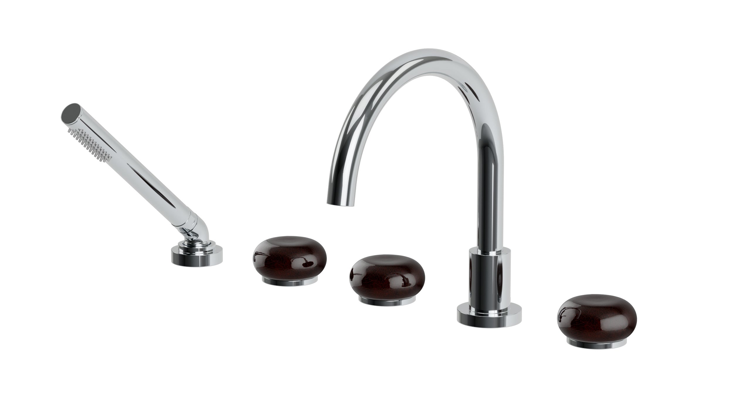 Foundry Three Handle Deck Mount Gooseneck Bath Trim with Hand Shower and Pebble Ceramic Knob Handles in Polished Chrome