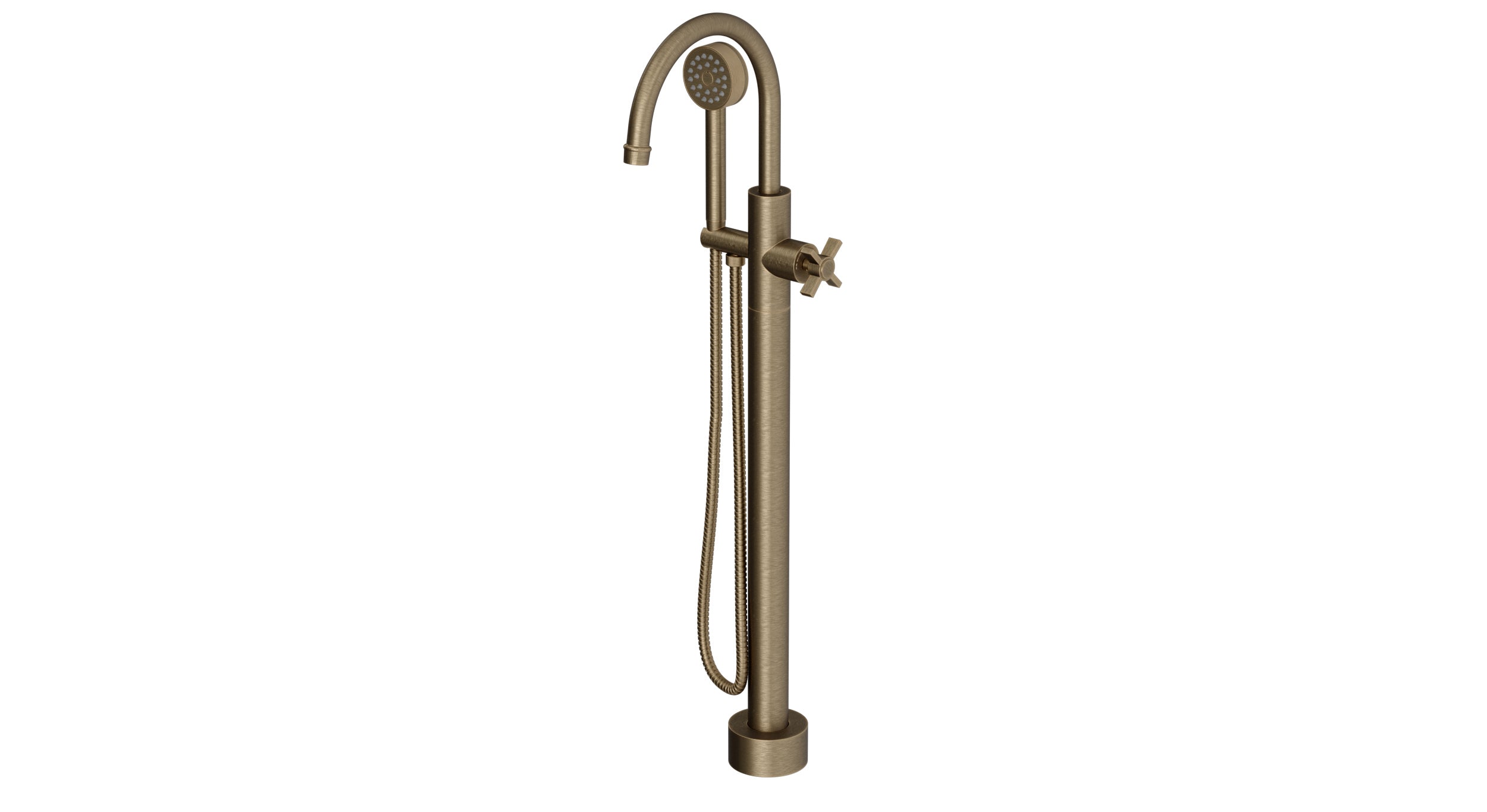 Emerson One Handle Floor Mount Gooseneck Bath Trim with Hand Shower and Defined Cross Handle in Antique Brass